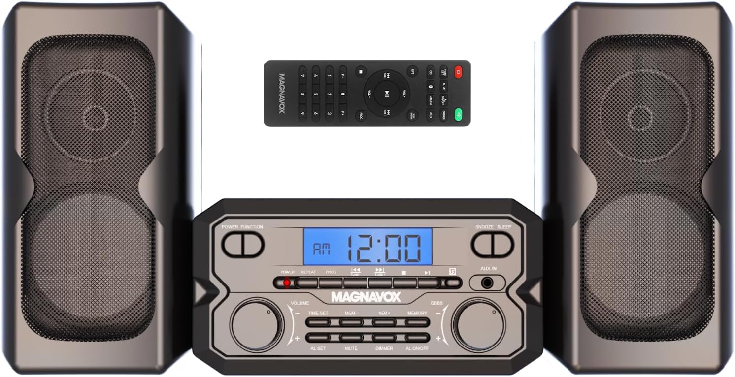 Magnavox MM435M-BK 3-Piece Compact CD Shelf System with Digital FM Stereo Radio, Bluetooth Wireless Technology, and Remote Control in Black | LCD Display | AUX Port Compatible | 2022 Version |