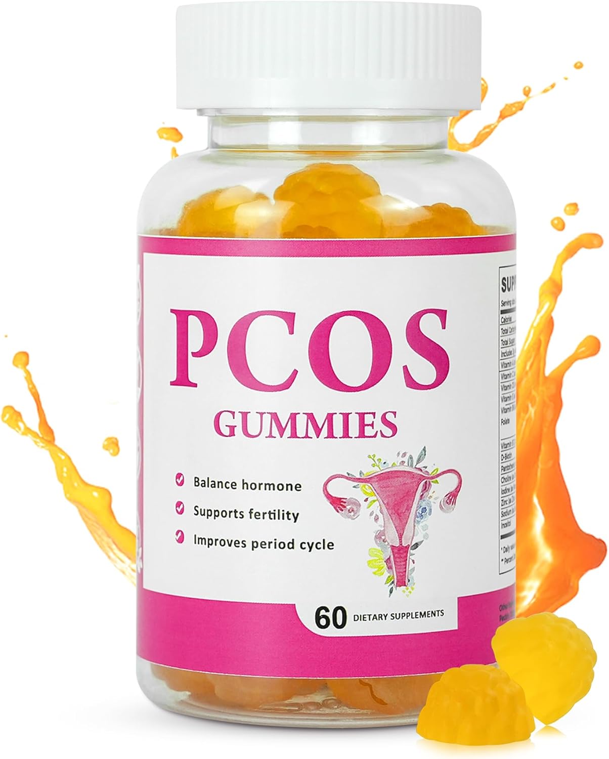 PCOS Gummies Helps Menstrual Cycle Health, 60 Count PCOS Vitamin Gummies for Healthy Ovulation and Fertility, Supports Women Hormonal Balance & Reproductive Health PCOS Gummies Vegan Orange Flavor