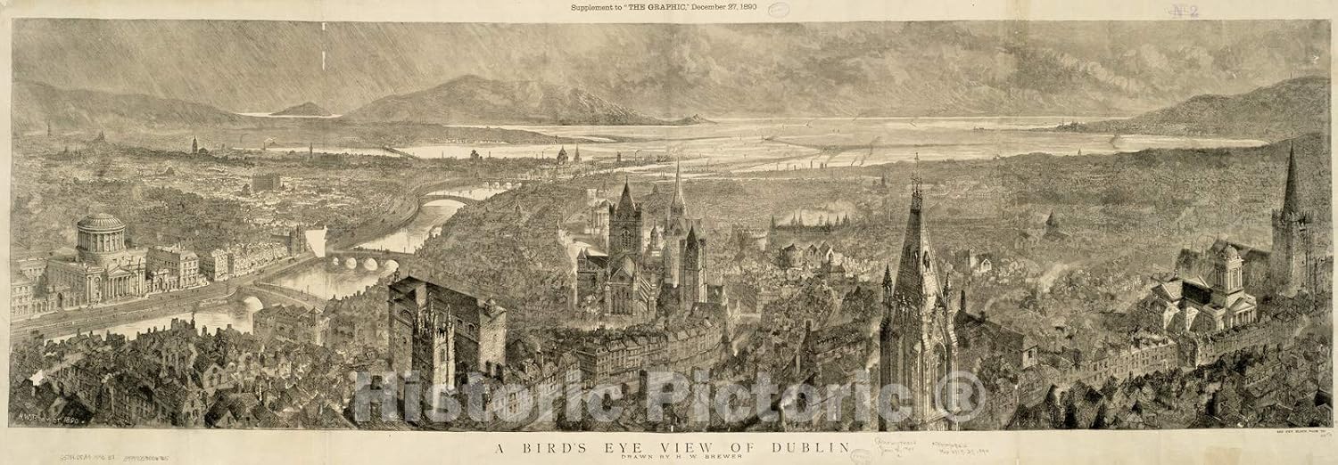 Historical Map, 1890 A Bird's Eye View of Dublin, Vintage Wall Art : 67in x 24in