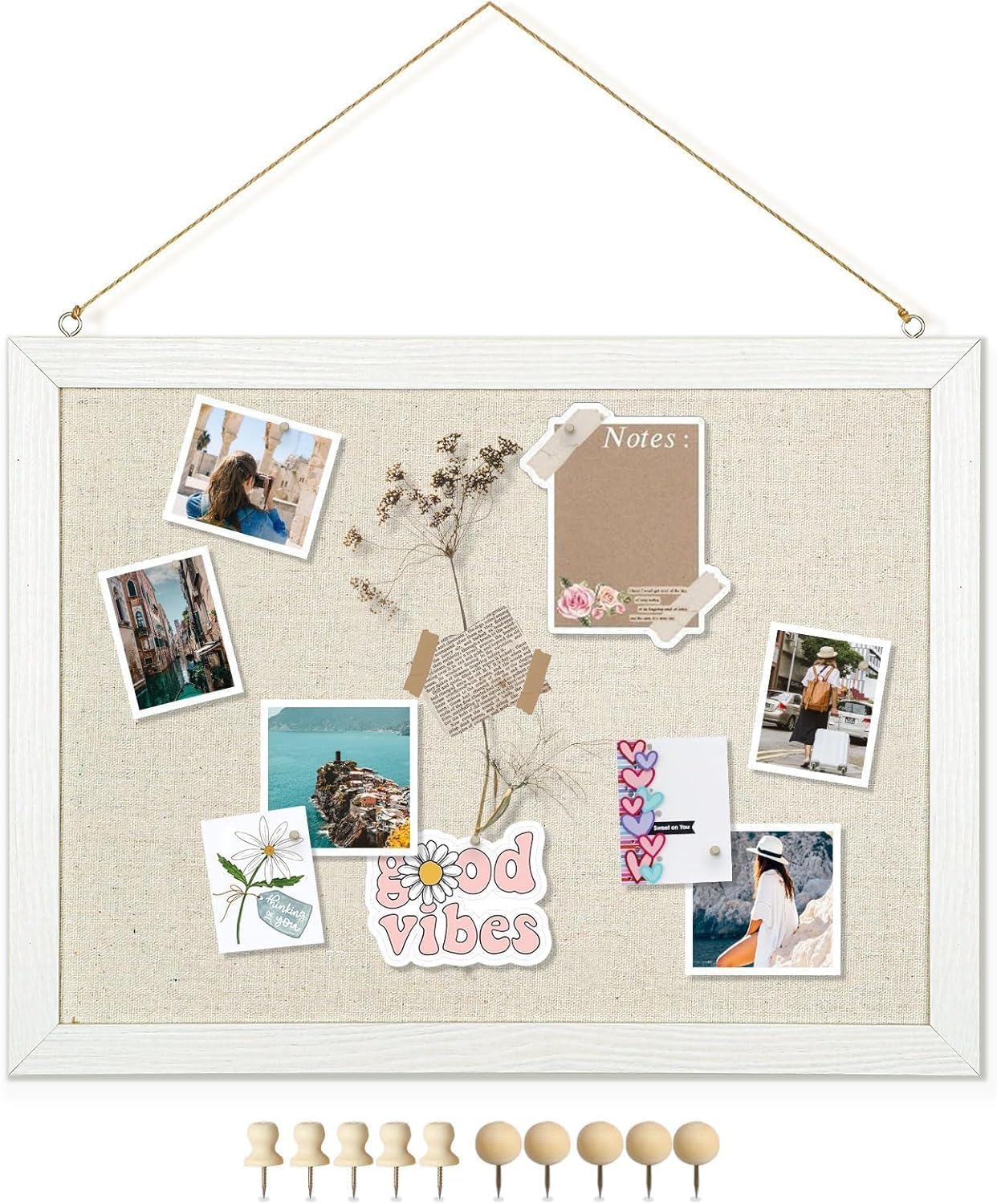 DOLLAR BOSS Bulletin Boards with Linen 1-Pack 16''X 12'' Double-Sided Cork Board for Walls Wood Framed Bulletin Boards, Small Pin Board for Home Kitchen Office Decorative Hanging 10 Pushpins