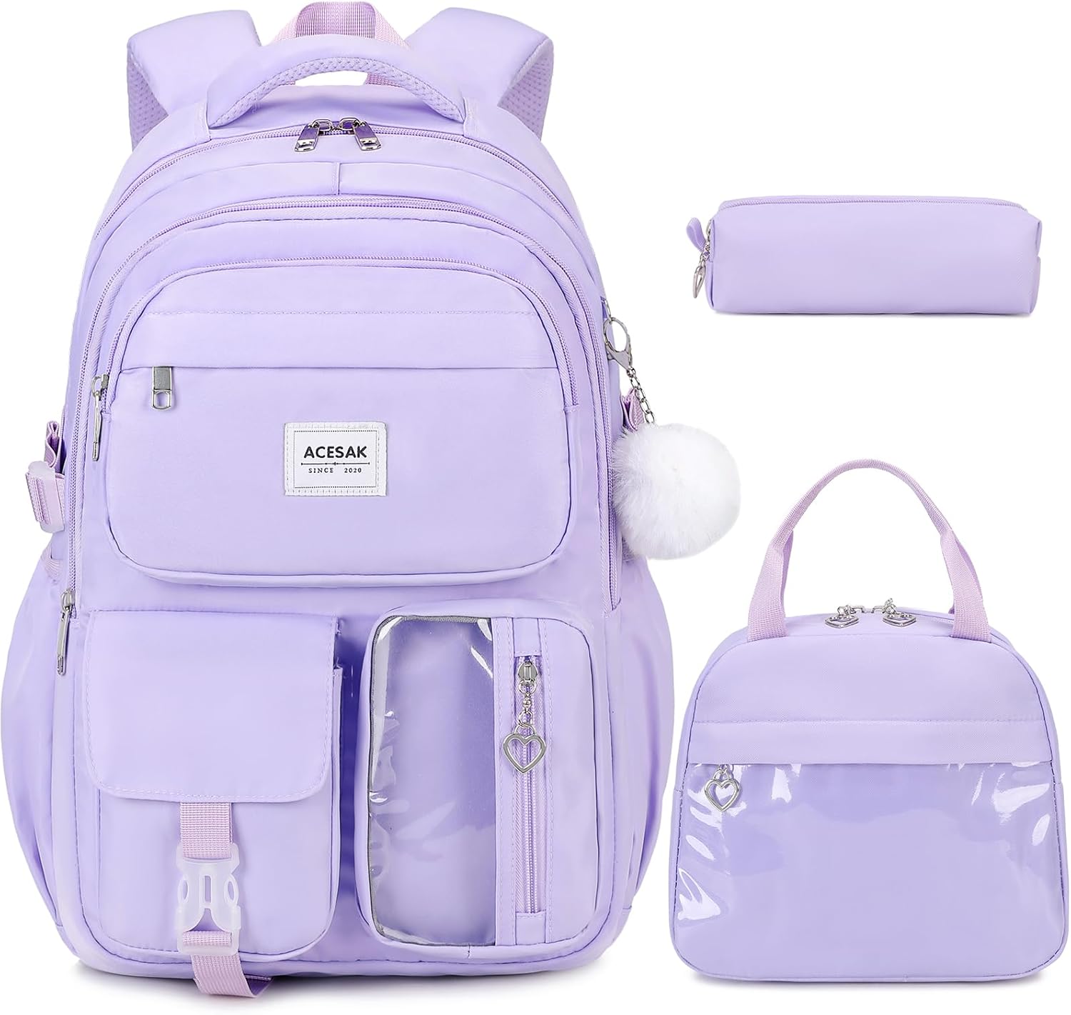 Backpack for Girls - Girls Backpack with Lunch Bag & Pencil Pouch for Teen Kids Laptop Backpack for Women, Elementary Middle High School Bookbag Travel Daypack (Purple)