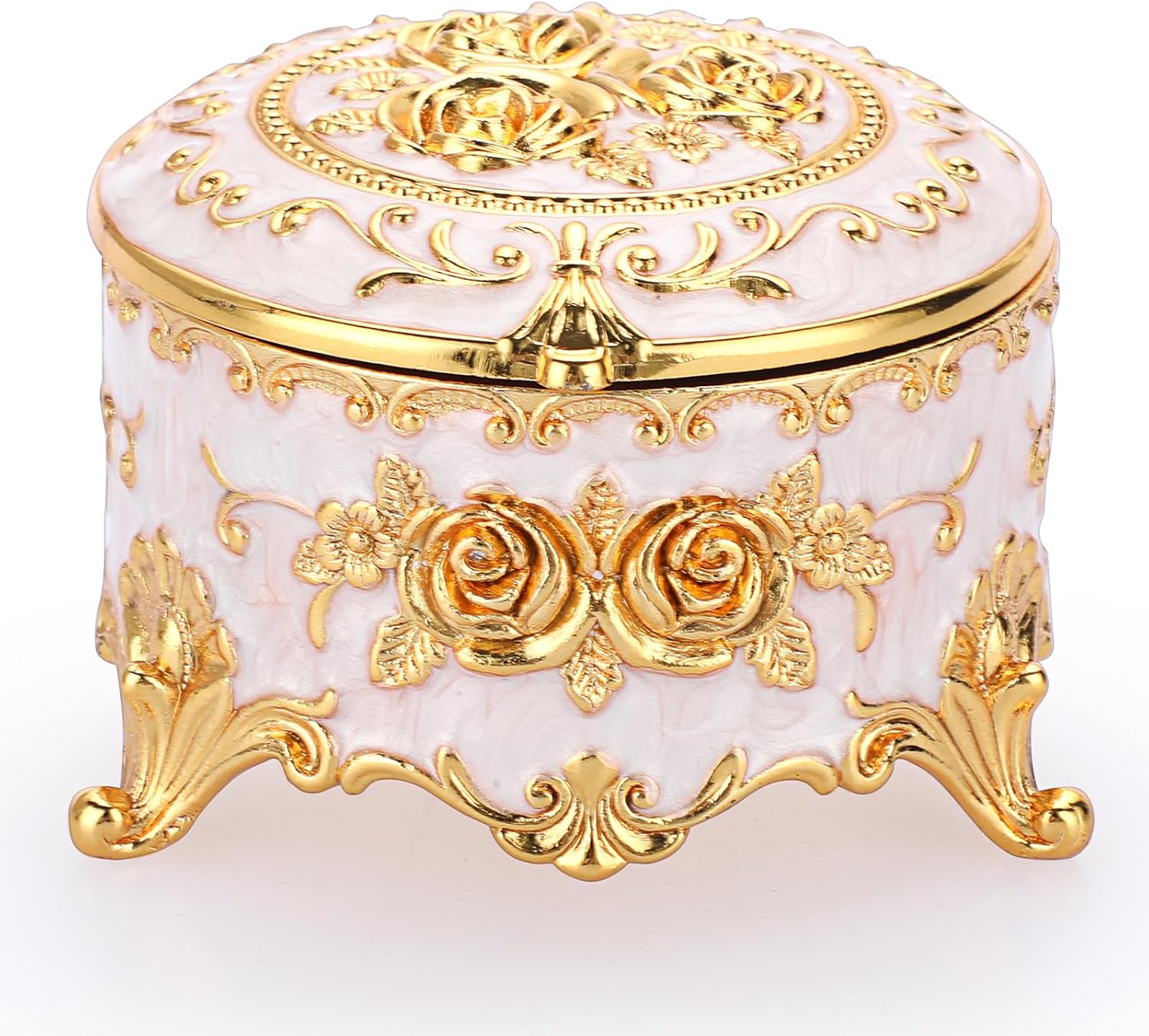 Hipiwe Vintage Round Jewelry Box Small Trinket Storage Organizer Box Gold Metal Chest Ring Case Treasure Box Keepsake Box Earrings Necklace Storage Box Gift for Girl Women, Small
