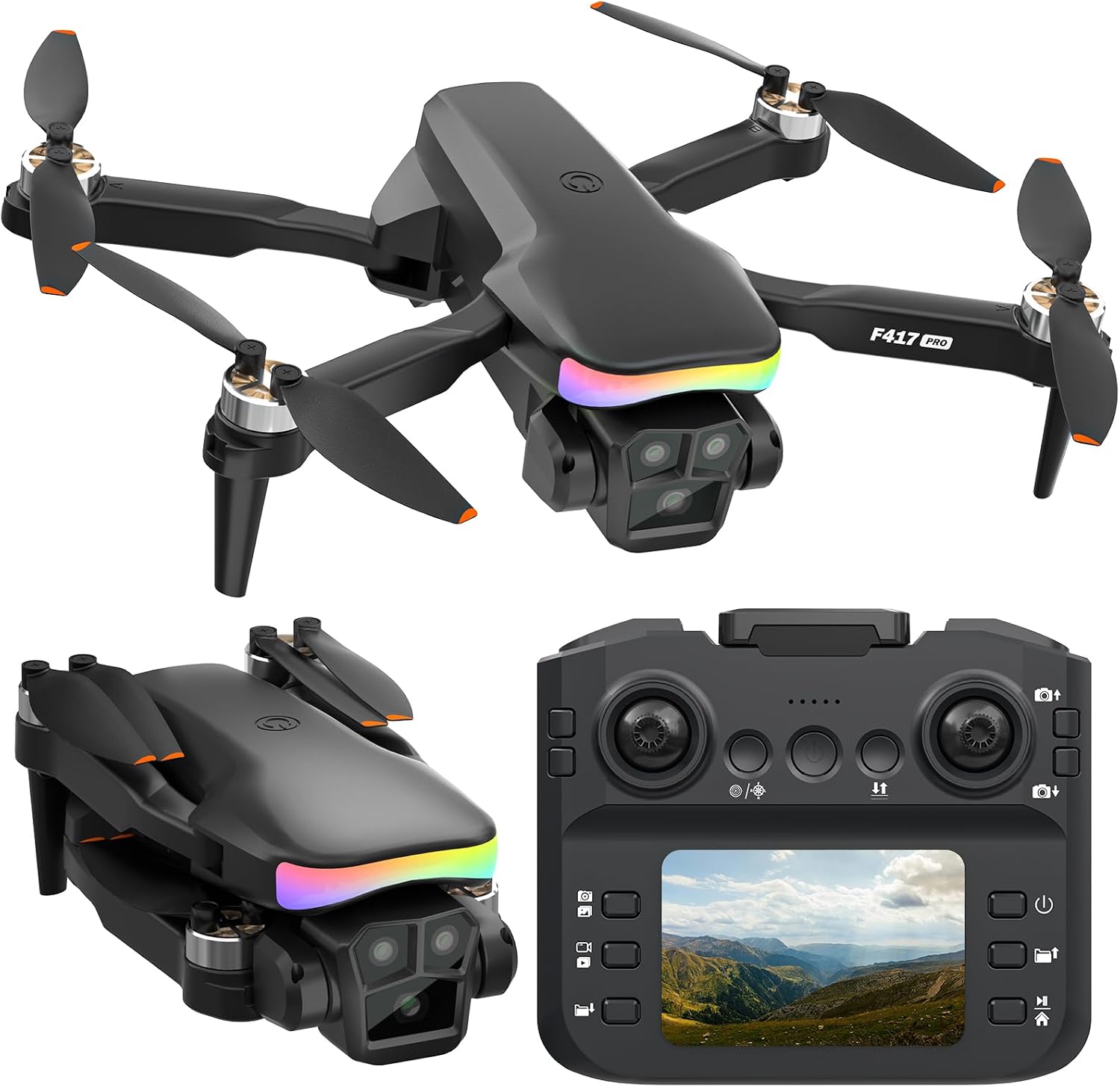 Fakjank F417PRO Drone with Camera 1080P for Adults Kids, Beginner Drone with Screen, Adult Drone with 90° Lens, LED Lights, Optical Flow, Modular Battery, One Key Start, 3D Flips, Portable Case