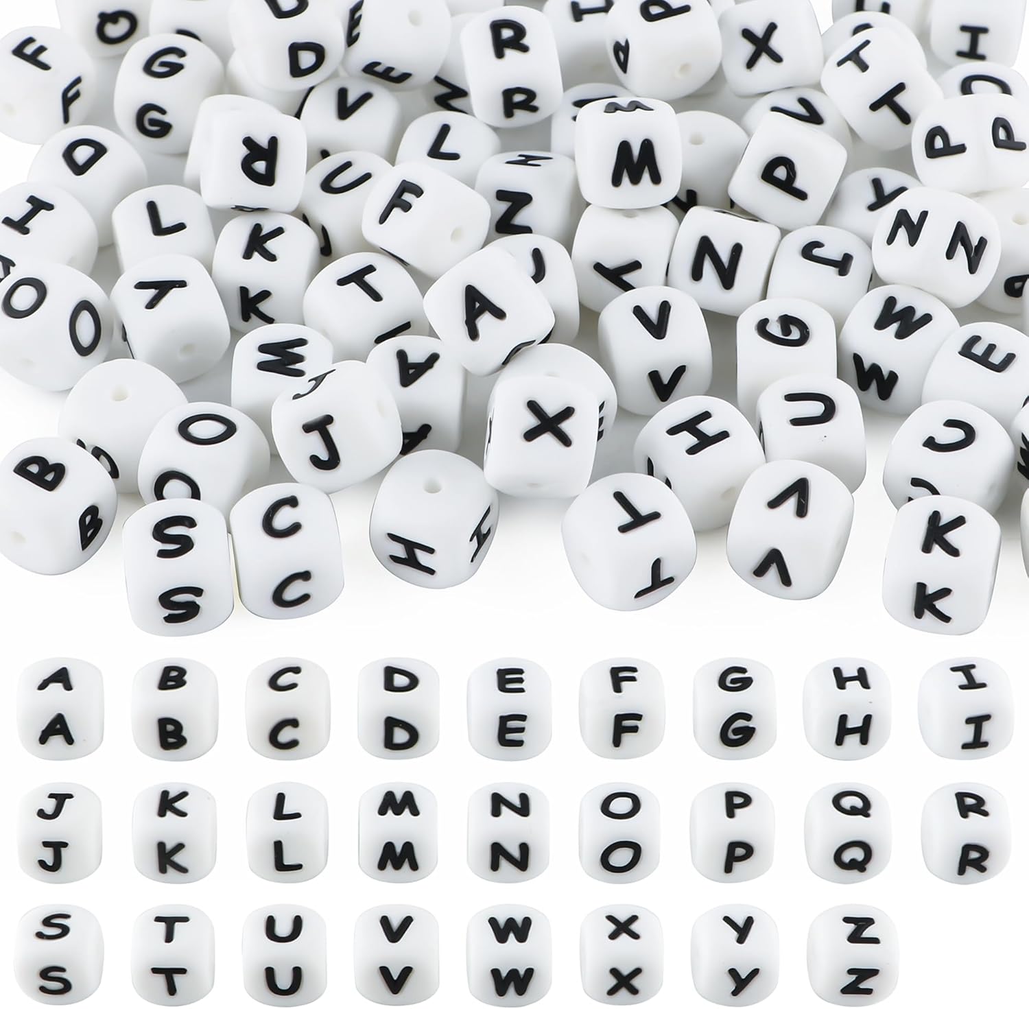 78Pcs 12mm Letter Silicone Beads for Keychain Making, White Alphabet Square Silicone Letter Beads for Bracelets Necklace Pens DIY Decoration