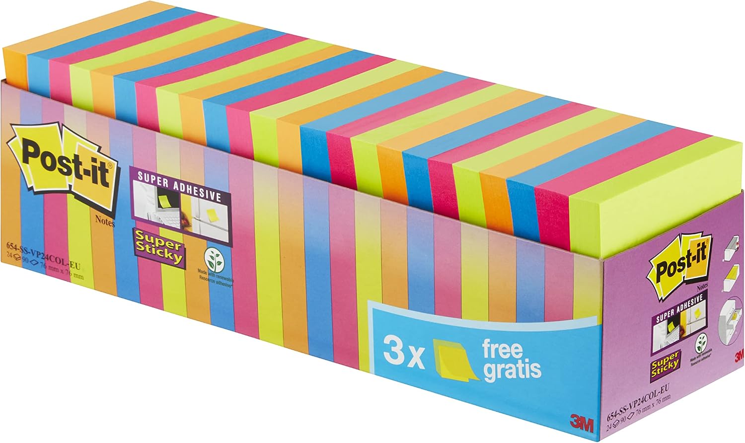 Post-it Super Sticky Notes, Double The Sticking Power, 24 Pads, 2160 Sheets, 76 mm x 76 mm, Green, Pink, Blue, Orange Colors - Self-Sticking Notes for Walls, Monitors and Fridge, Packaging May Vary