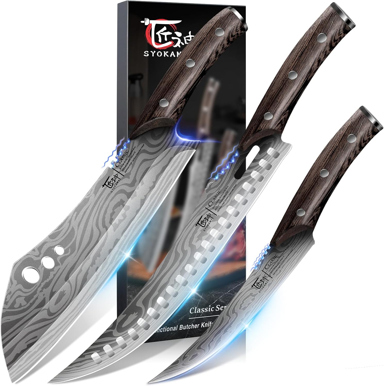 SYOKAMI Butcher Knife Set, Cleaver, Breaking & Boning Knife for Meat & BBQ | Japanese Style High Carbon Steel Kitchen Knives Set for Brisket Slicing, Wenge Wood Full Tang Ergonomic Handle, Ideal Gift
