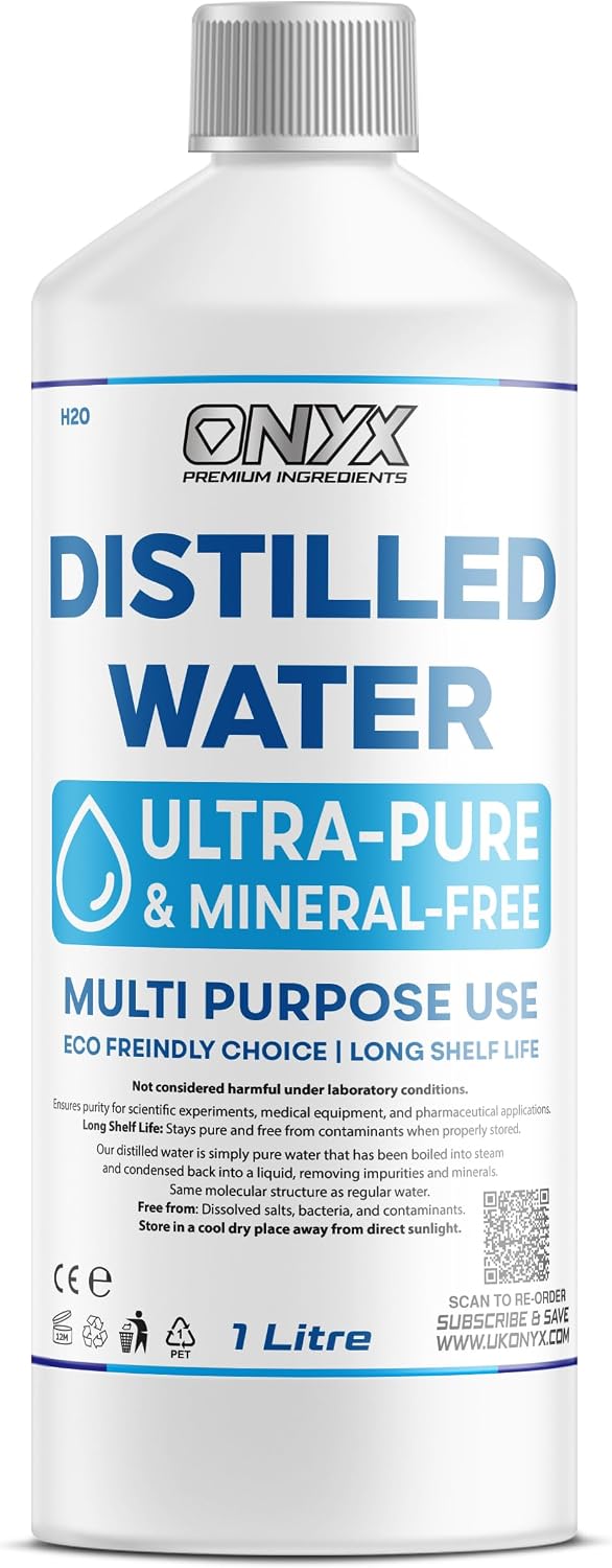 ONYX Distilled Water 1L - 100% Ultra Pure Water - For Labs, Irons, Humidifiers, Cleaning, Engines and more - Distilled in UK 1 Litre (1000ml)