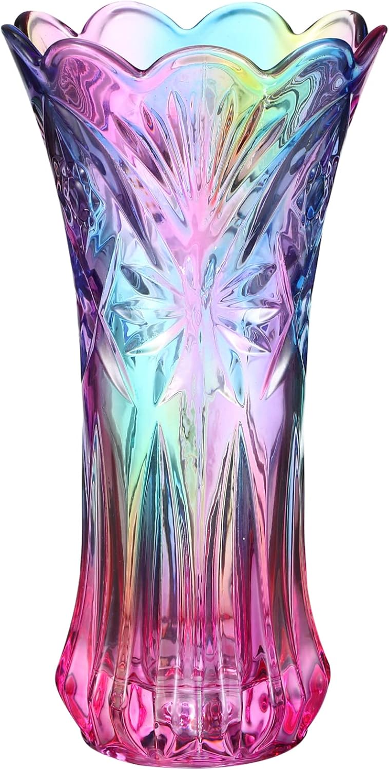 WINOMO Unique Crystal Glass Vase Decorative Rainbow Vase Flower Plant Container Dinner Table Centerpiece Colorful Glass Vases for Home Office Wedding