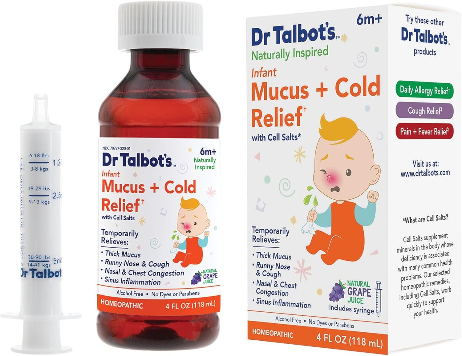 Dr. Talbot's Infant Mucus and Cold Relief with Cell Salts - 4 fl oz - Naturally Inspired Kids Cold Medicine - Grape Juice Flavor - Includes Syringe