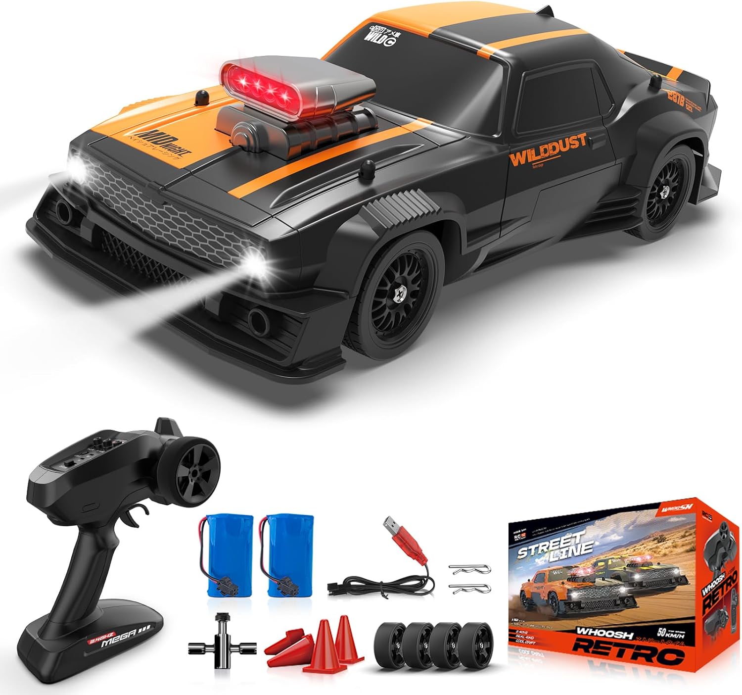 RC Drift Car, RTR Drifting RC Car with Gyro ESP 2.4GHz 1/16 Fast Remote Control Cars 50KM/h 4WD Full Proportion High Speed Racing Vehicle with Lights Rechargeable Battery for Adults Boys Kids
