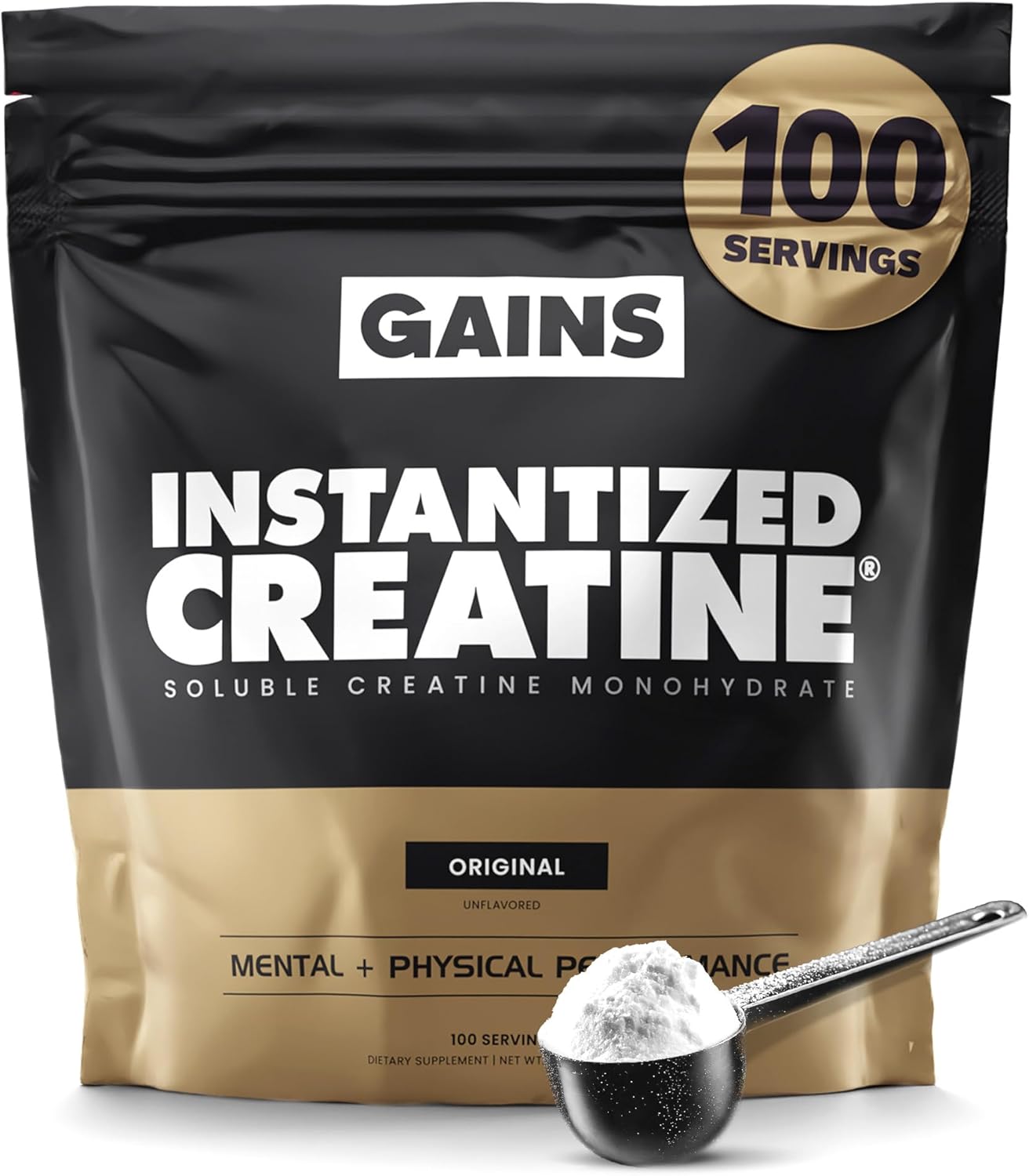 Gains in Bulk Instantized Creatine Monohydrate for Women and Men, Soluble Pre Workout Powder, Supports Muscle Building, Strength and Performance, Bodybuilding Supplements, Unflavored, 100 Servings