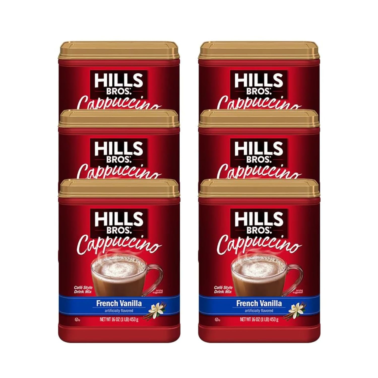 Hills Bros. Instant Cappuccino Mix, French Vanilla - Easy to Use, Enjoy Coffeehouse Flavor from Home – Decadent Cappuccino with a Hint of Sweetness and Vanilla in Light Coffee, 16 Ounce (Pack of 6)