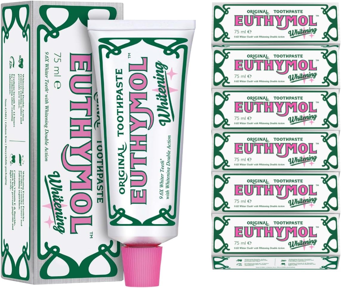 Euthymol Whitening Toothpaste 75ml x 6, Contains Fluoride, Non-GMO Gluten Free, Plaque Removal Cavity Protection Antibacterial, White Clean Teeth, Freshens Breath Refreshing Dental Care