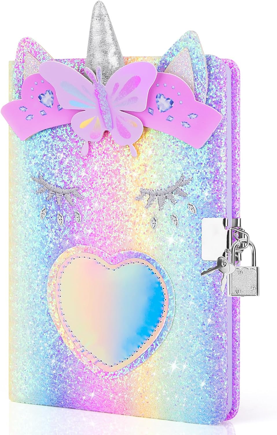 homicozy Unicorn Diary with Lock,Gift for 6 7 8 Year Old Girl,Glitter Seceret Journal for Kids with 160 Pages,Shiny Notebook for Writing and Drawing,Cute Stationery Back to School Gift