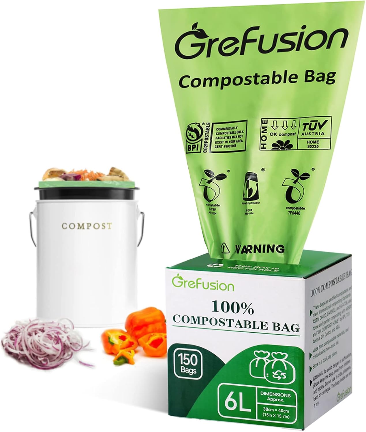 GreFusion Compostable Caddy Liners 6 Litre x 150 Bags, Compostable food waste bags 6L/10L/30L for Kitchen compost bin