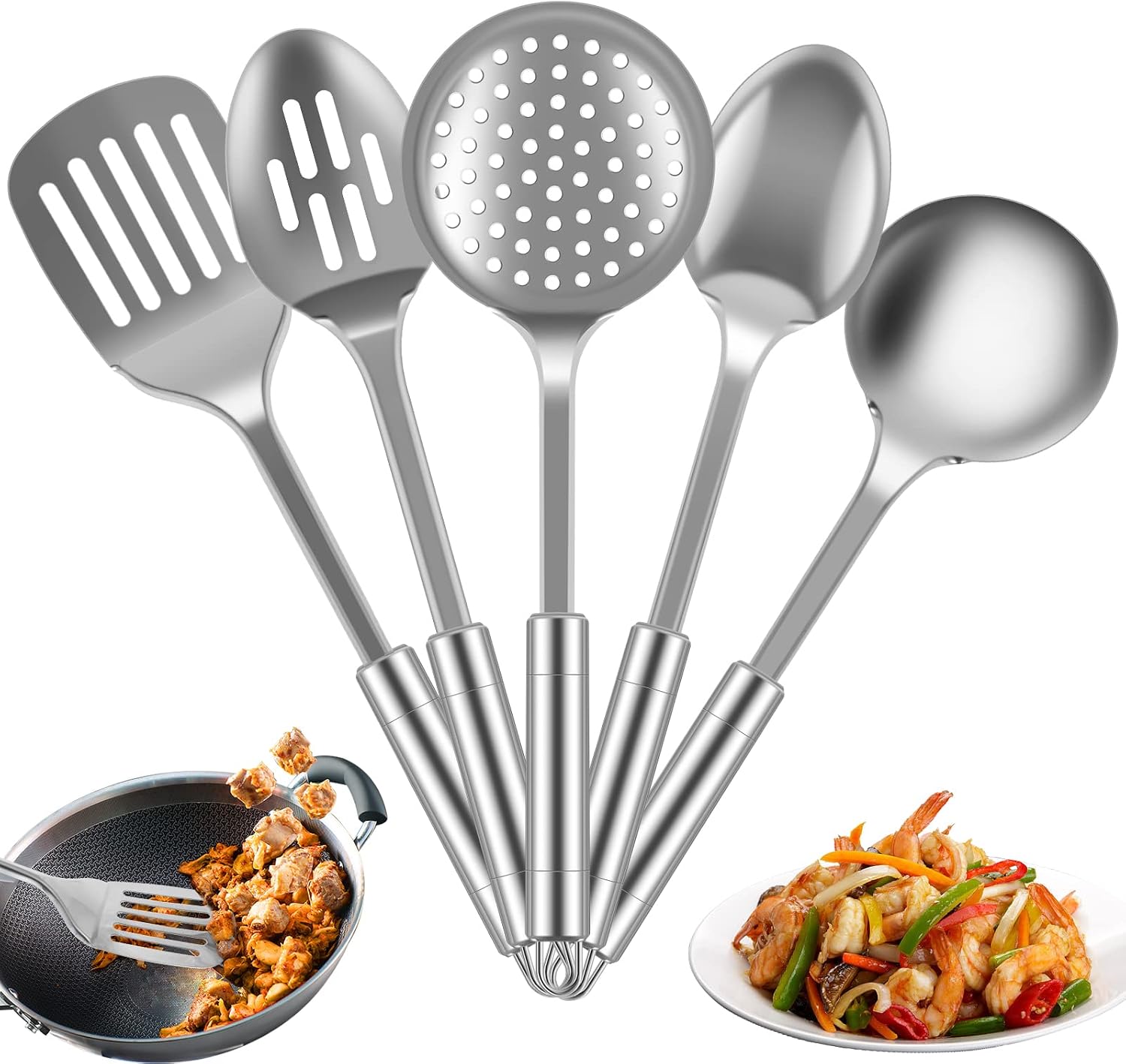 Gatphy 5Pcs Kitchen Utensils Set Stainless Steel Cooking Utensils Set Heat Resistant Kitchen Cooking Spoons Spatula Turner with Hanging Hole Non Stick Cookware Utensil Dishwasher Safe
