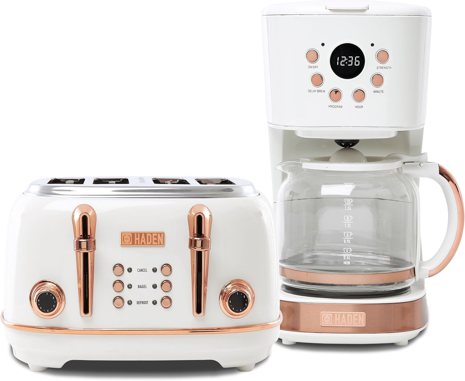 Haden Heritage 4 Slice Wide Slot Stainless Steel Toaster Bundled with 12 Cup Programmable Drip Coffee Maker Coffee Machine, Ivory & Copper