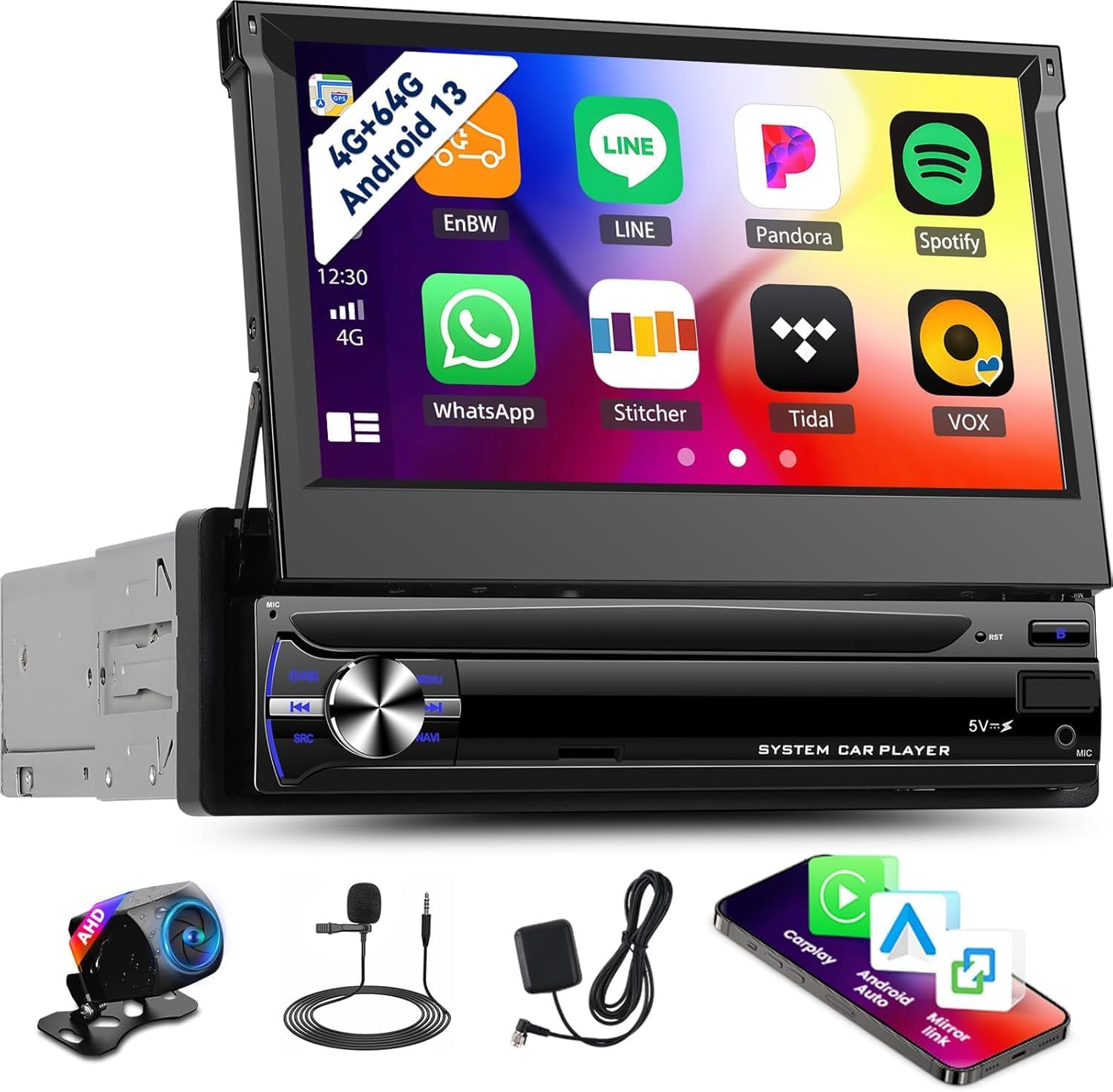 OiLiehu 4G+64G Android 13 Single Din Car Stereo with Wireless CarPlay Android Auto, 1 Din 7 inch Flip Out Touchscreen Radio with WiFi GPS Mirror Link Bluetooth FM RDS EQ SWC USB AHD Backup Camera
