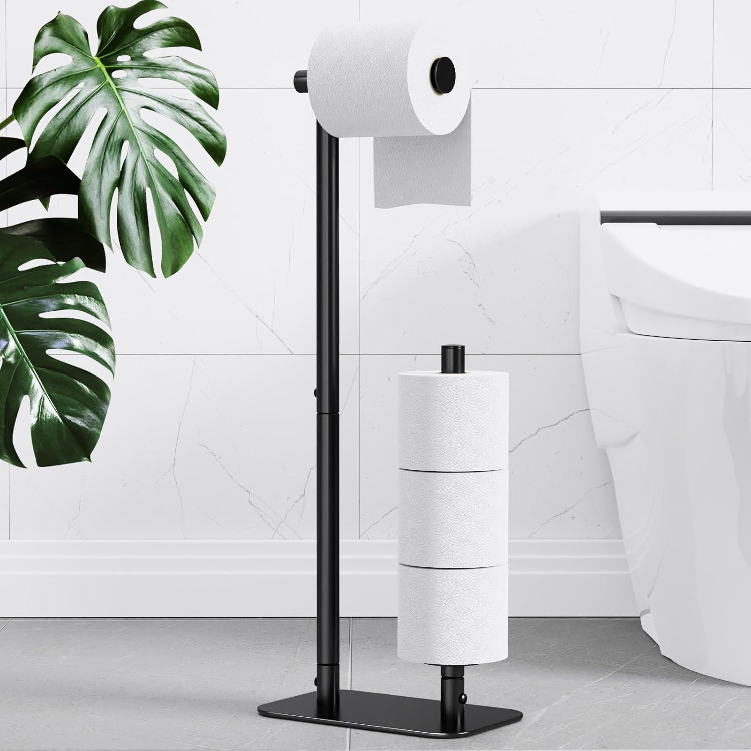 Kitsure Toilet Paper Holder Free Standing - Large Capacity Toilet Paper Holder for 4 Rolls, Rustproof Toilet Paper Stand with Non-Slip Stable Base, Black, 24.4"x9.3"x5.5"
