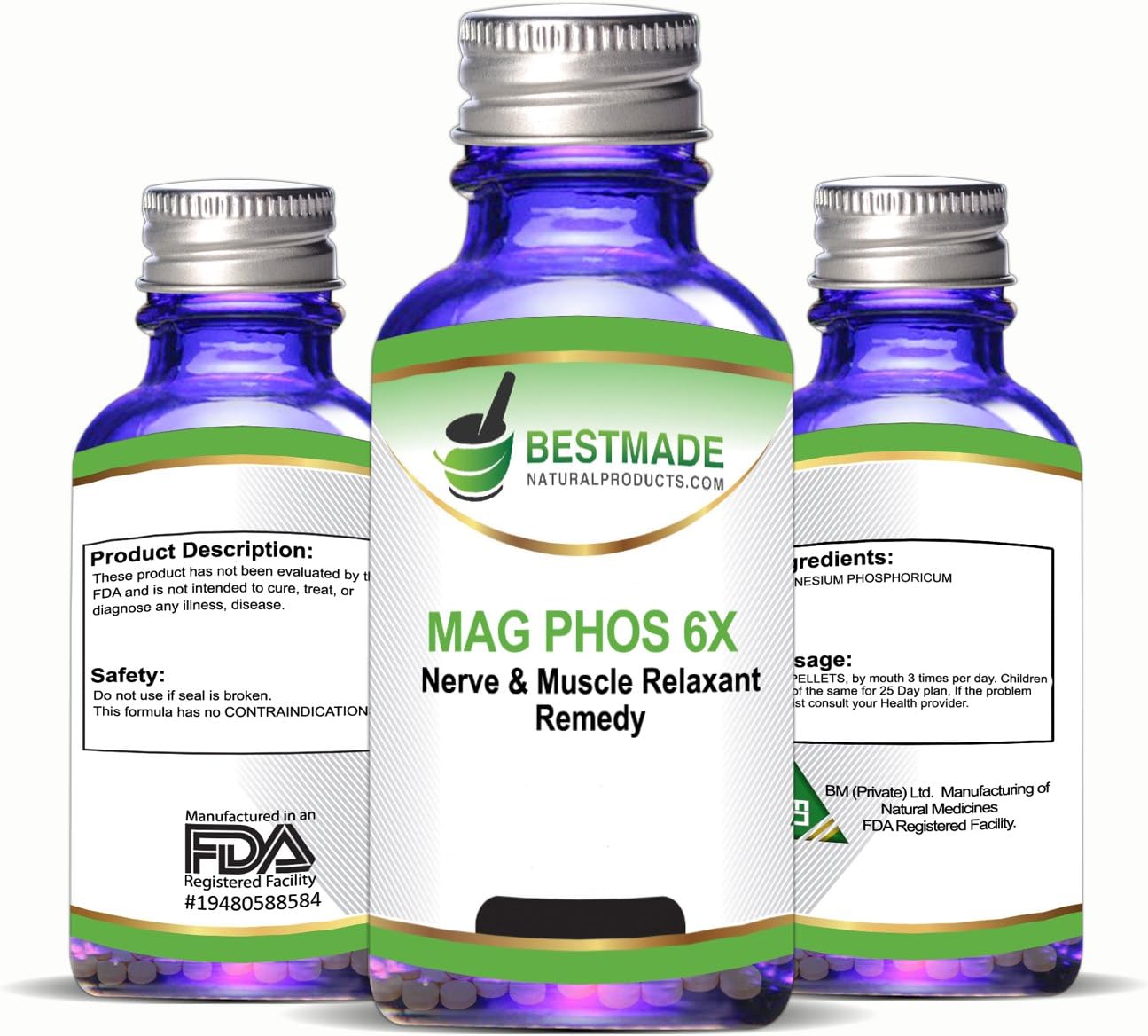 Bestmade Natural Products Mag Phos 6X - Nerve & Muscle Relaxant Remedy #8 for Eye Twitching, Muscle Spasms, Colic, Shooting Pains, & More, Homeopathic Cell Salt, Take with Water, 350 Pellets