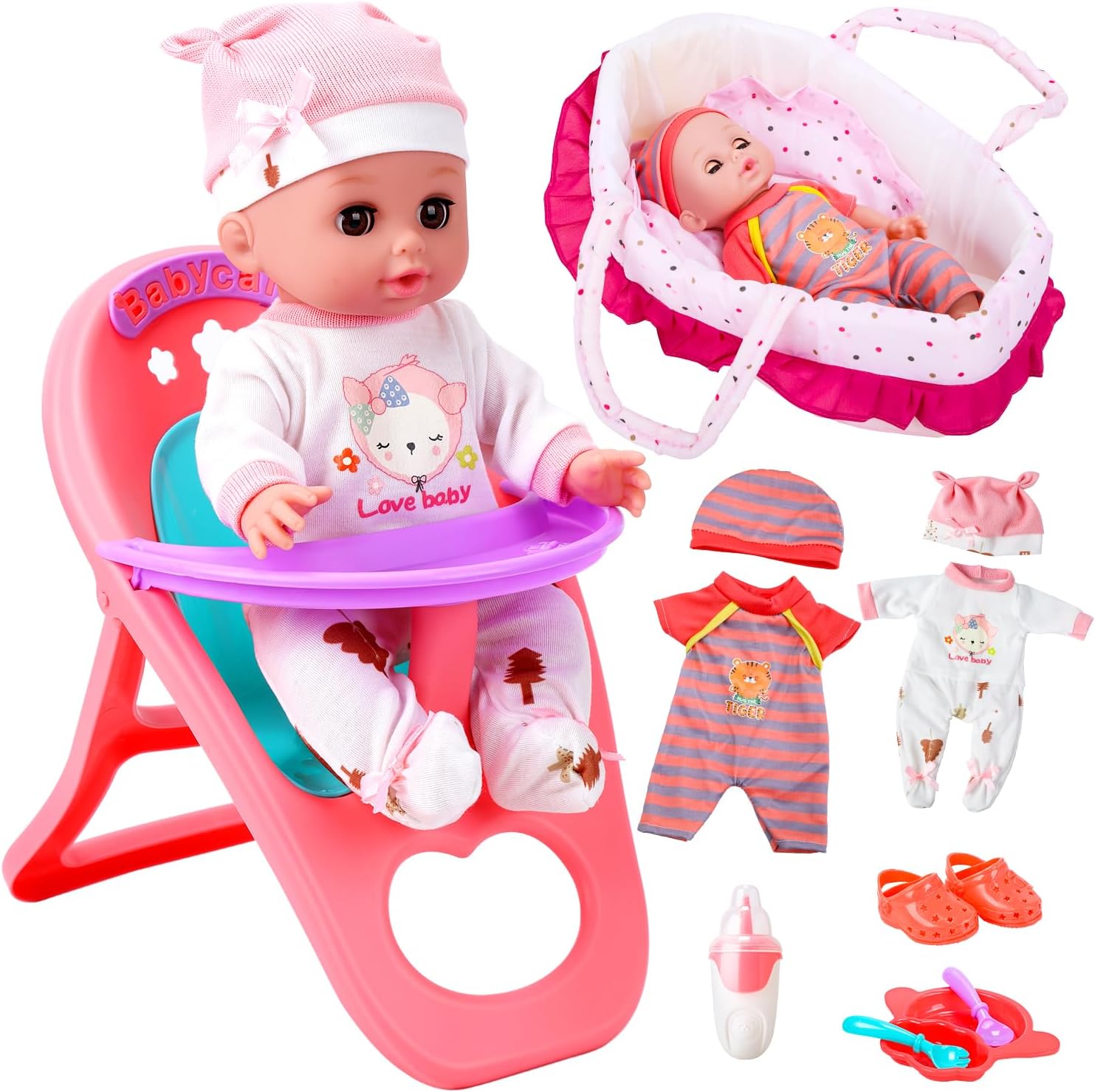CUTE STONE 12" Baby Doll Playset for Girls – Pretend Play Baby Care Toy with Carrier Bassinet, High Chair, Clothes & Accessories