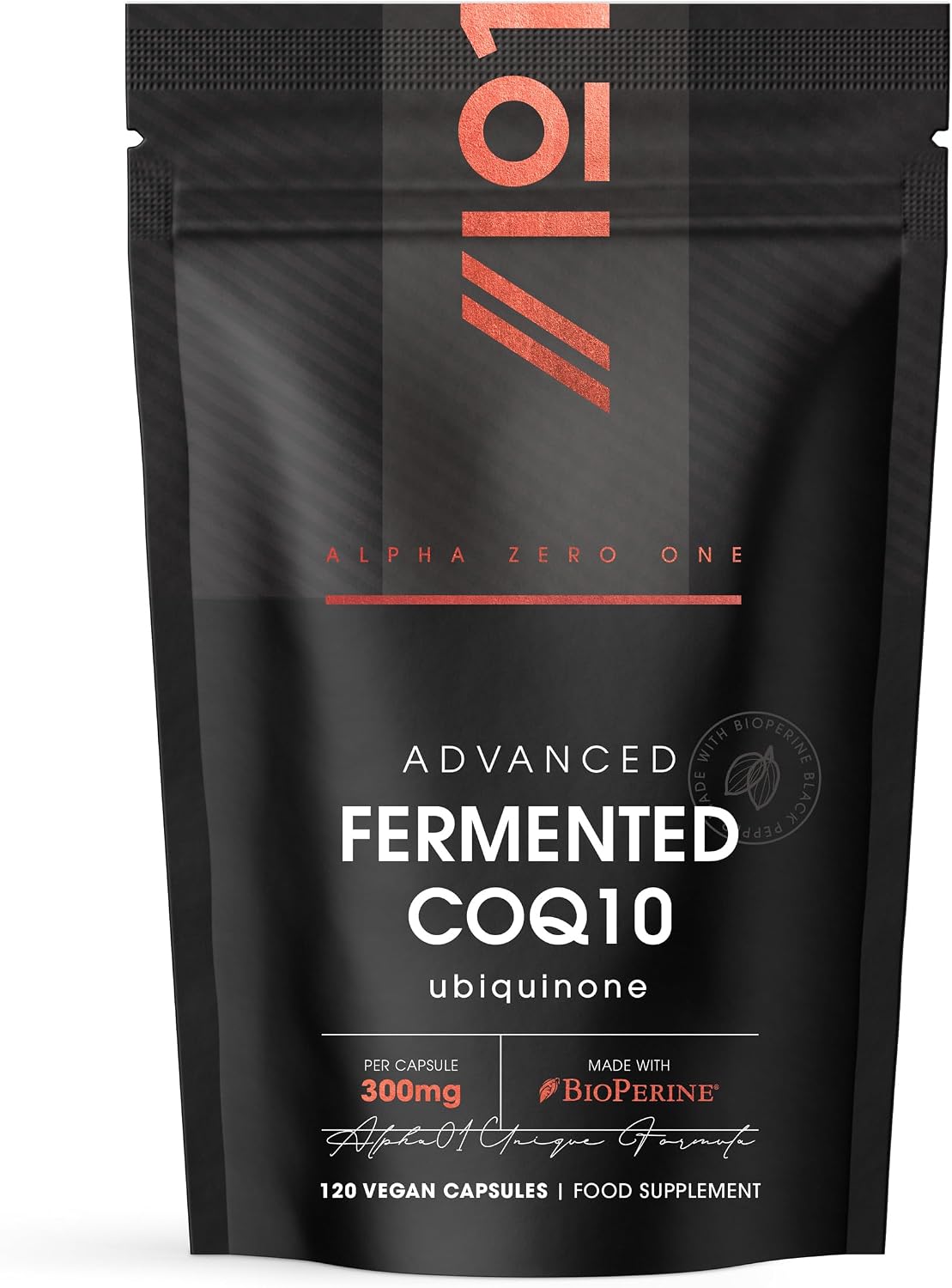 Fermented CoQ10 with BioPerine® 300mg – 120 Vegan Capsules – USP Grade Ubiquinone – Naturally Fermented Co Enzyme Q10 – Resealable and Recyclable Pouch by Alpha01