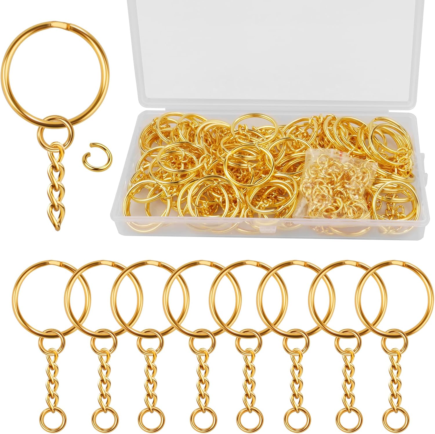 80PCS Key Chain Rings with Chain and 80PCS Open Jump Rings Metal Splits Key Ring Hoops (25mm) with Chain for DIY Other Crafts Jewelry Making, Keyring Making Gold