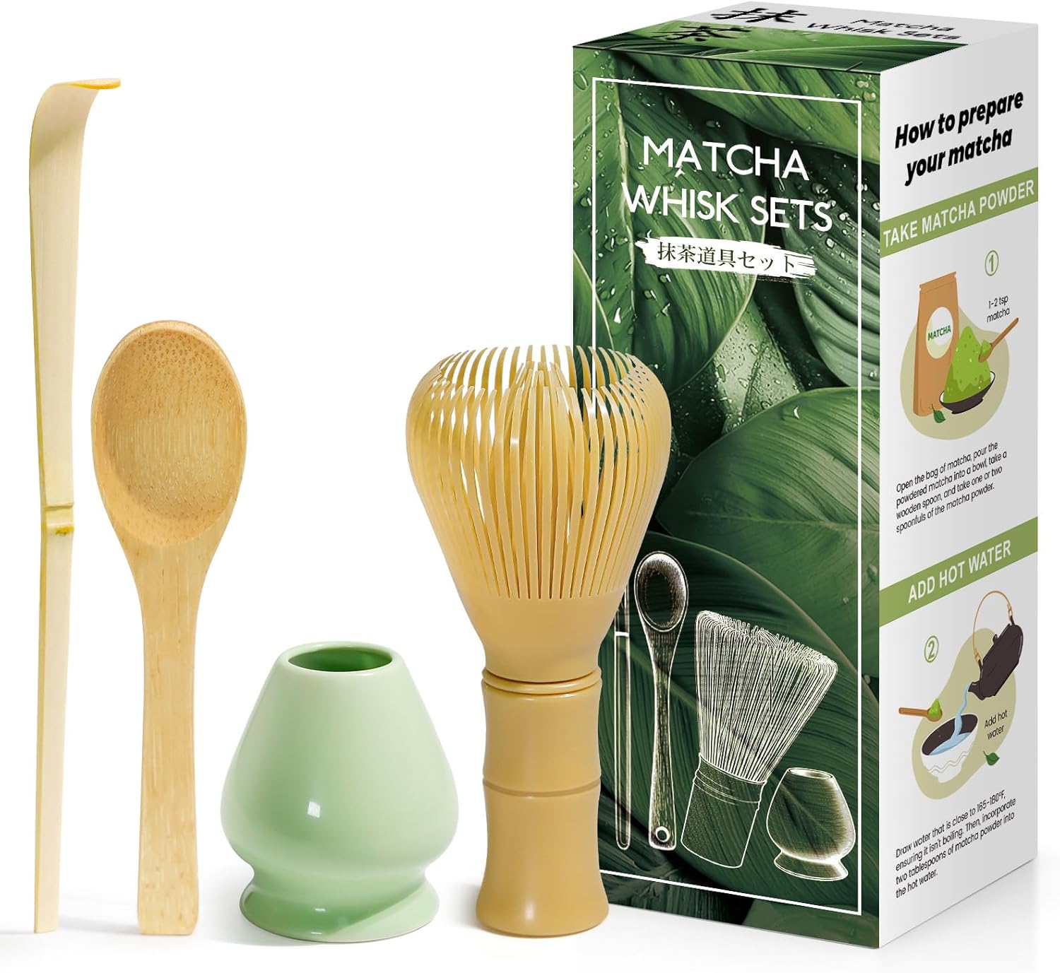 4 Pieces Matcha Japanese Ceremony Kit, Yellow Matcha Whisk, Bamboo Spoon, Bamboo Scoop, Whisk Holder, Matcha Set for Tea Ceremony, Beverage – Celadon Blue