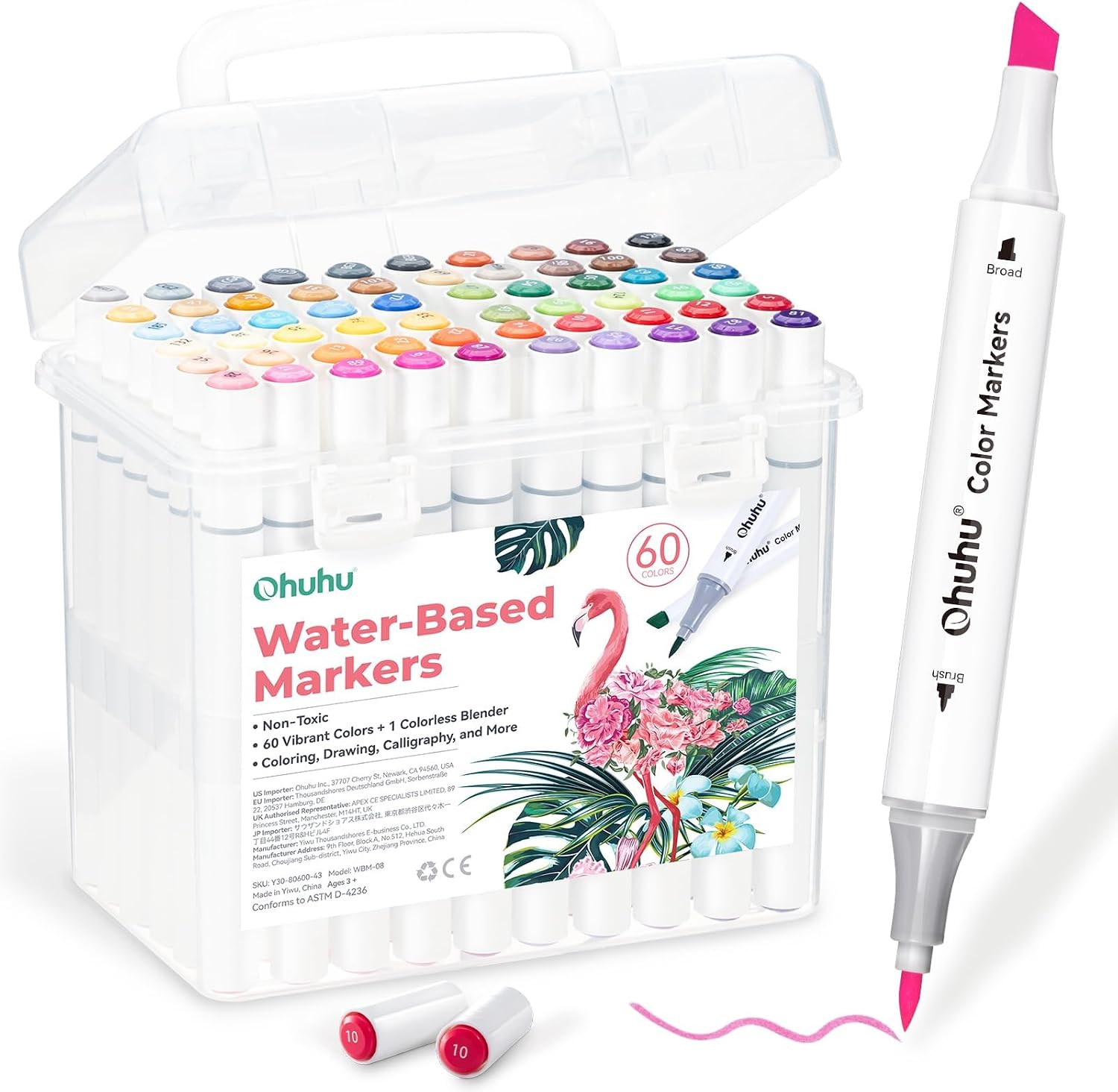 Ohuhu Adult Coloring Books Markers 60 Colors Water-based Dual Tips No Bleed
