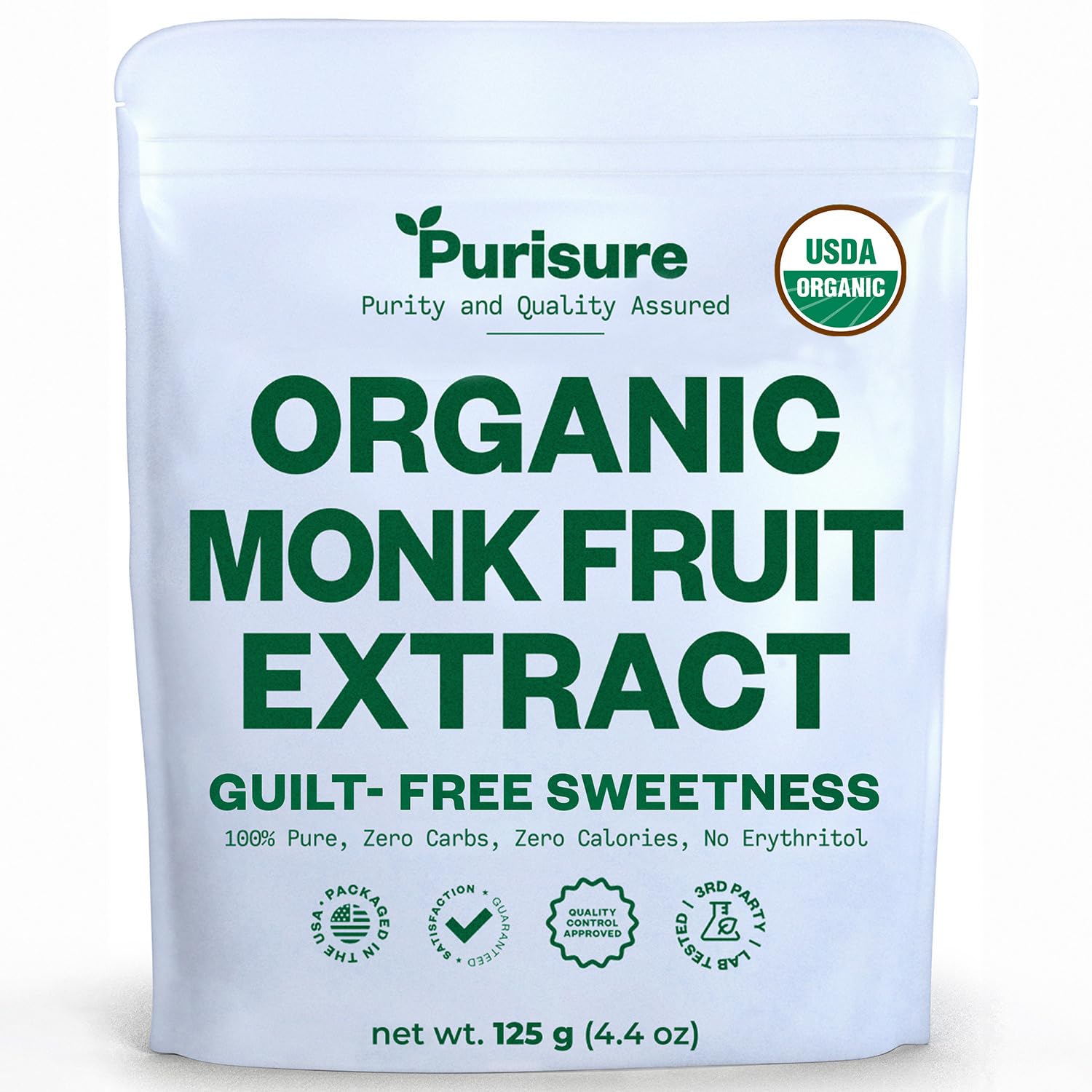 Organic Monk Fruit Sweetener, 125g (4.41oz), No Fillers Pure USDA Organic Monk Fruit Extract Powder with No Aftertaste, Zero Calorie & Zero Carbs, Keto & Paleo Friendly 320-400 Servings