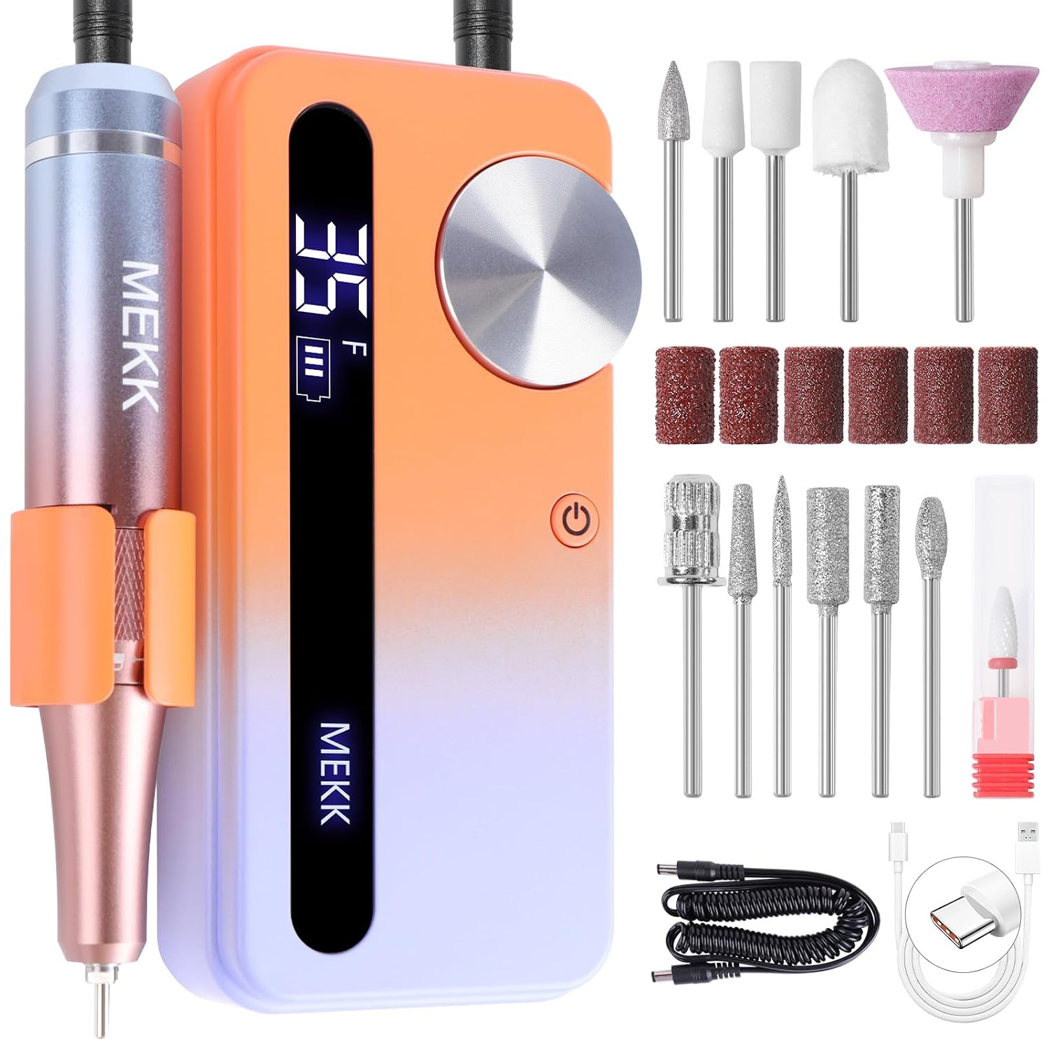 MEKK Professional Nail Drill, 35000RPM E-File for Acrylic Gel Nails | Cordless Nail File,LCD Display,Anti-Shaking,Rechargeable,12 Bits,Home,Salon Use,Low Noise,Portable,for Acrylic Gel
