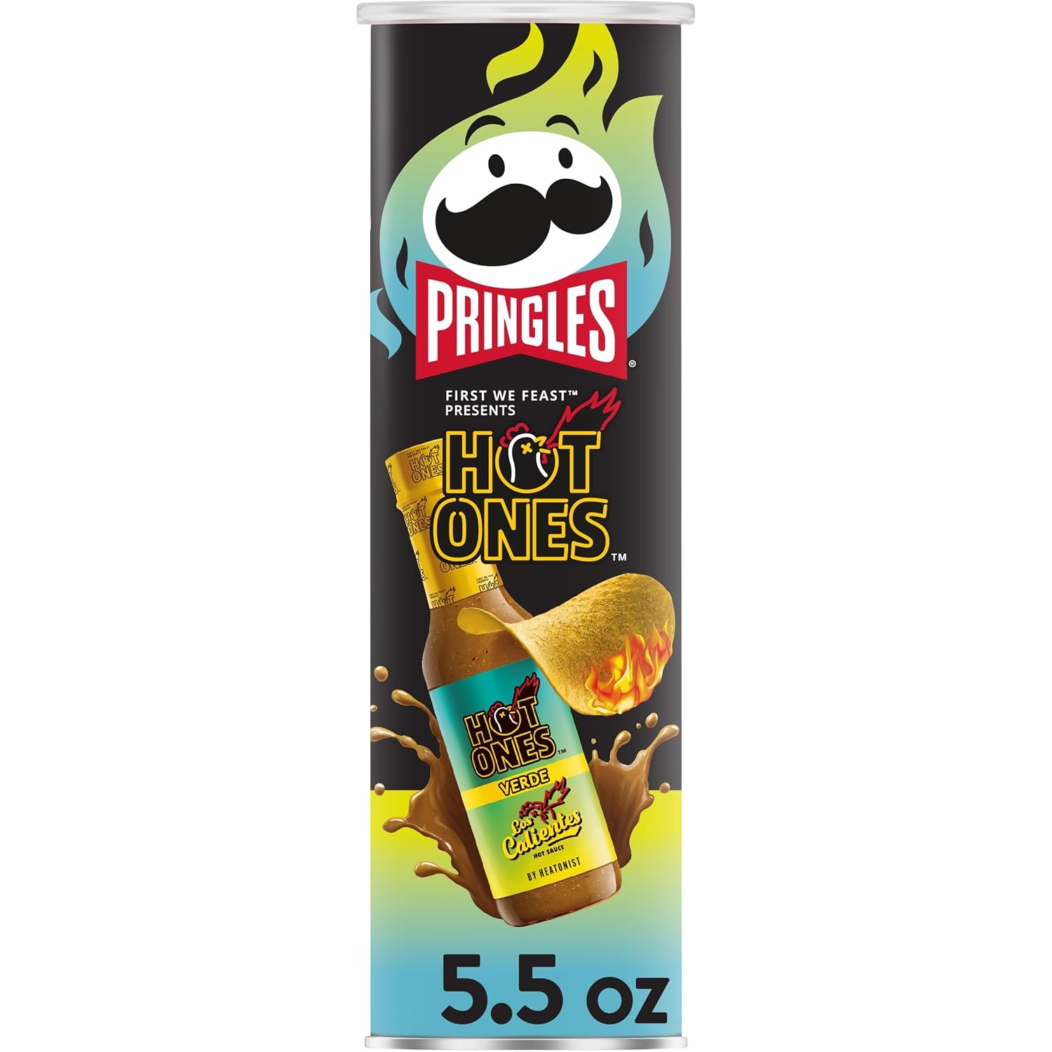 Pringles Hot Ones Los Calientes Potato Crisps Chips, Verde, Spicy Snacks, Hot Sauce Inspired, 5.5oz Can (1 Can)​