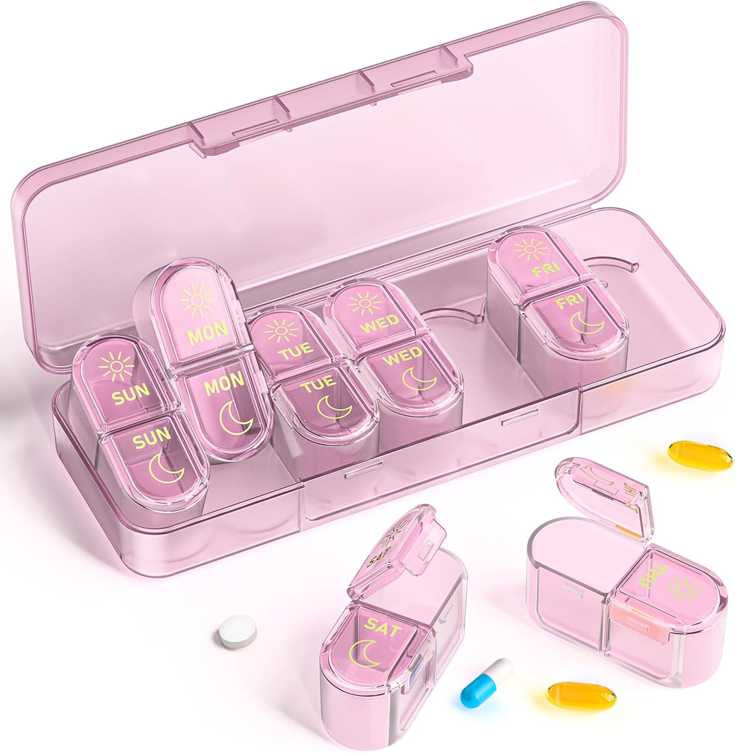 𝐏𝐢𝐥𝐥 𝐎𝐫𝐠𝐚𝐧𝐢𝐳𝐞𝐫, Am & Pm Pill Organizer 7 Days, Weekly Pill Organinzer 2 Times a Day, Pill Box 7 Day, Medicine Pill Organizer for Travel, Vitamins, Fish Oils, Supplements