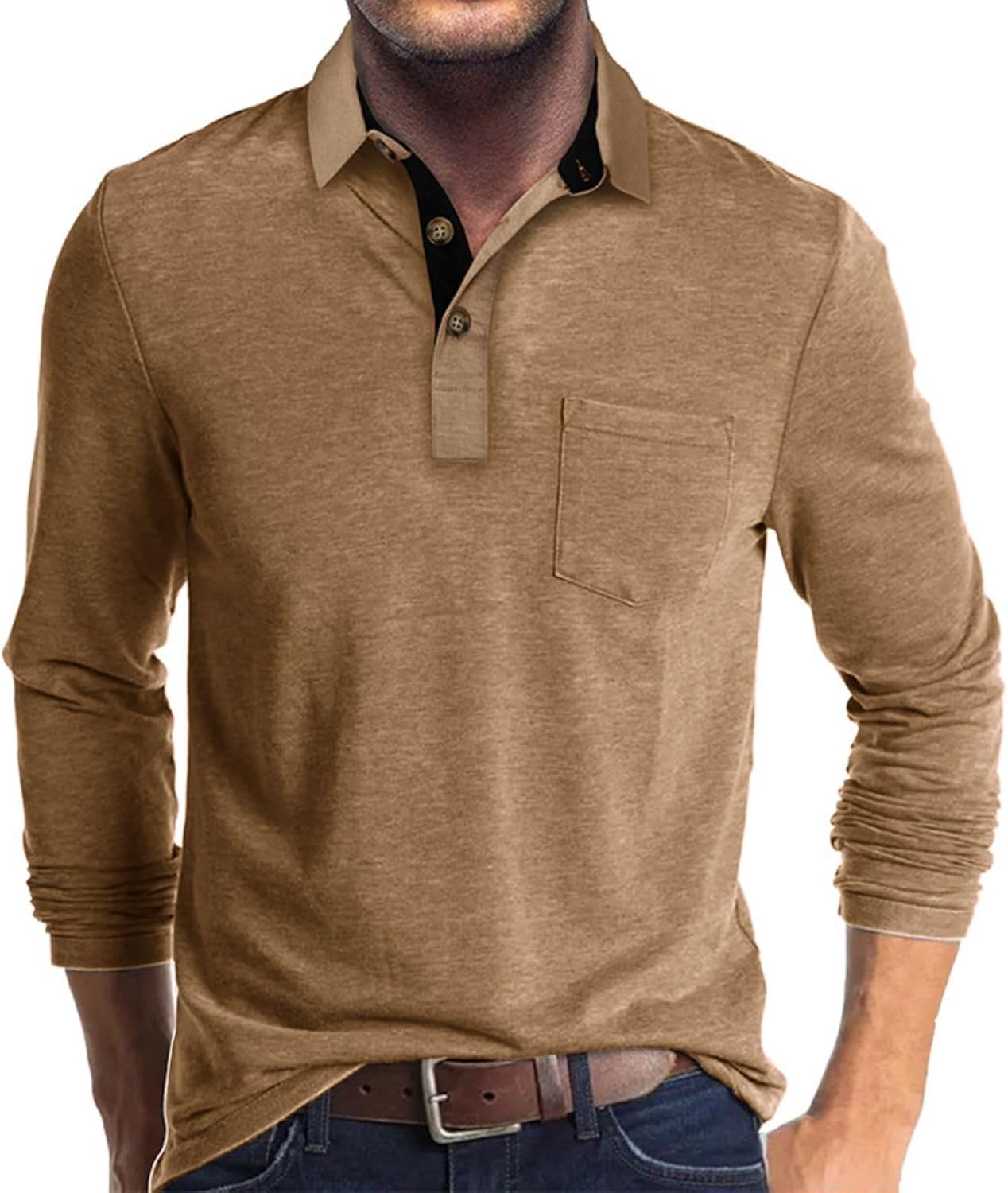 Men's Casual Polo Shirts Classic Button Basic Long Sleeve Shirt Solid Color Cotton Tees Stylish Tops