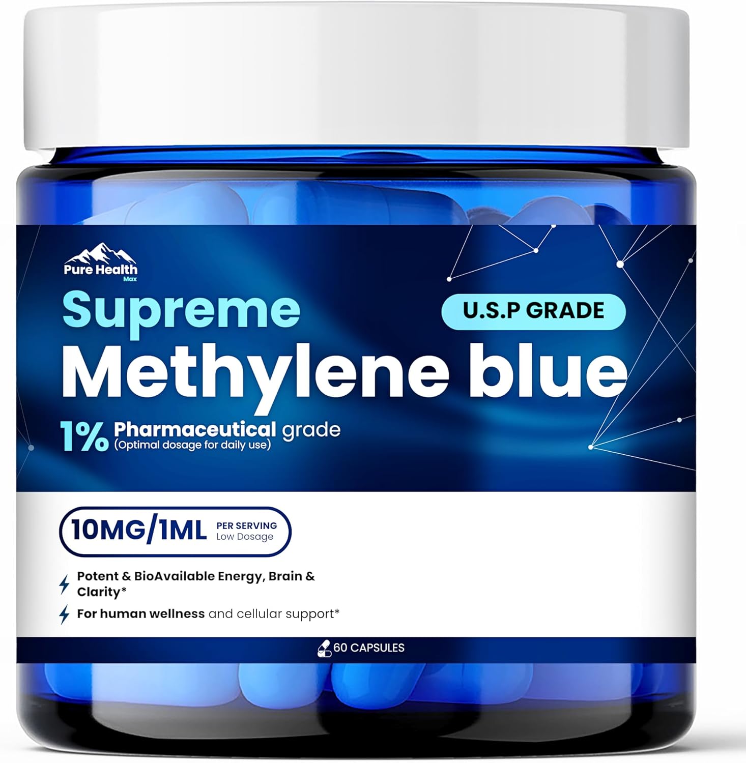 Supreme Methylene Blue Capsules - Pharmaceutical Grade Supplement for Humans | 1% USP Grade Quality Third Party Tested | Ultimate Brain Boost Tablets Better Than Liquid Drops and Gummies