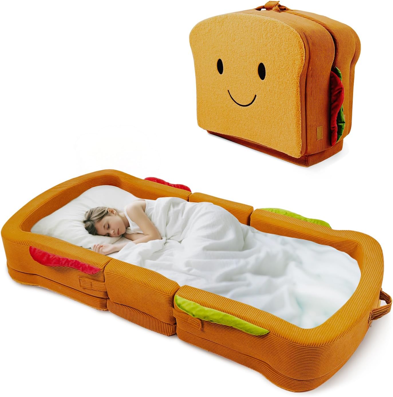 Toddler Travel Bed Sandwich Style - Portable Toddlers Floor Beds, Foldable Soft Foam Travel Crib for Baby and Kid, Washable Cover Toddler Cot with Safety Rail for Travel, Home/Travel Sleep