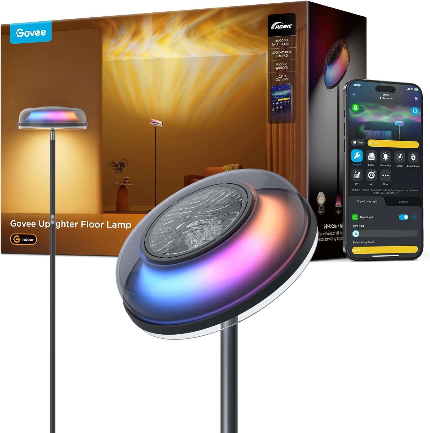Govee Uplighter Floor Lamps Tri-Zone Independent, RGBIC Warm&Cold White Ripple Lighting Lamp Works with Matter and Alexa, 80+Scene Modes, 1000 LM, 2700-6500K, Ideal for Living Room, Bedroom, Office