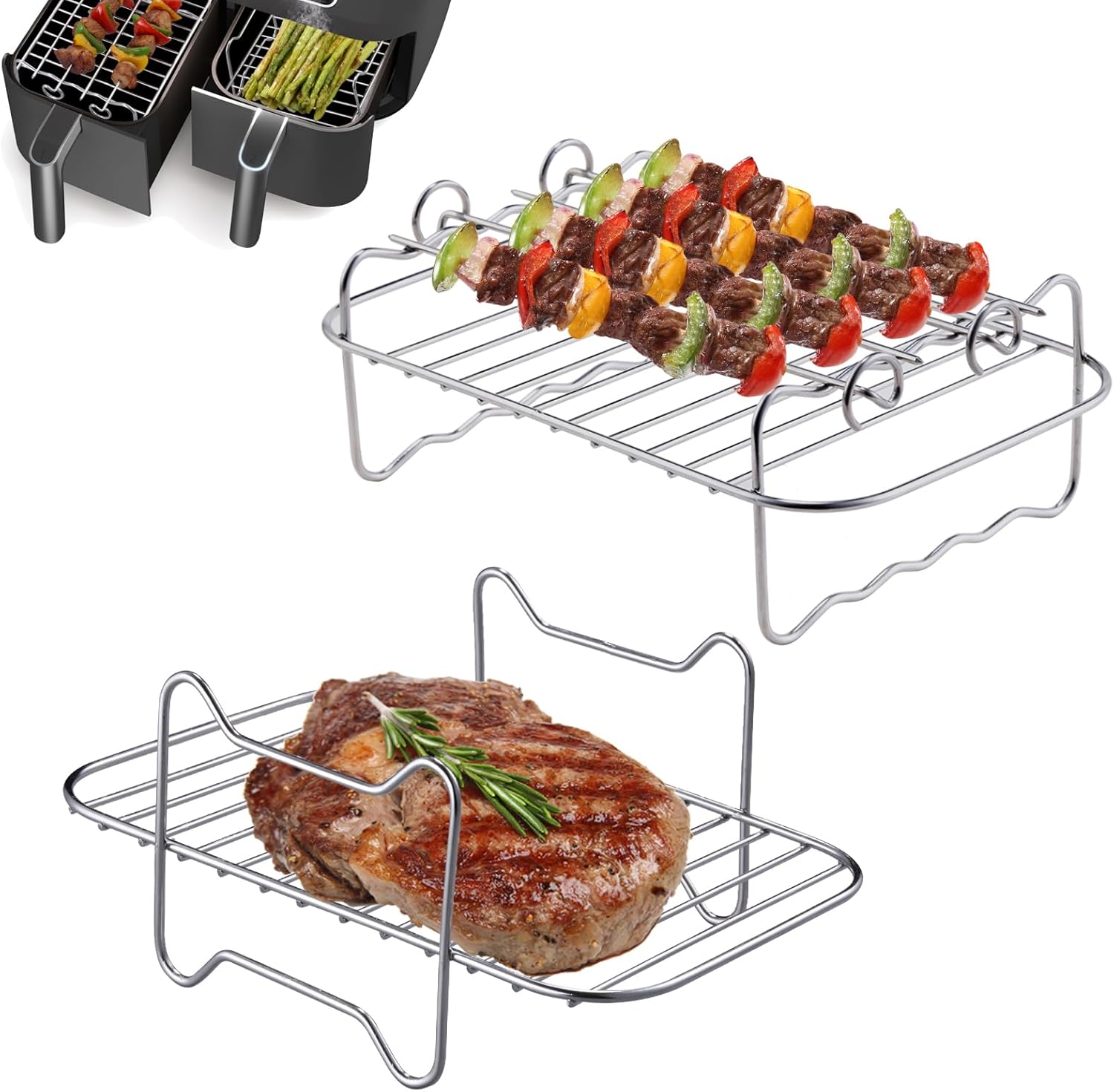 2 Pcs Air Fryer Rack, Dual Airfryer Racks Stainless Steel, Grilling Rack with 4 Skewers, Compatible with Ninja Food Dual Zone Air Fryer AF300UK AF400UK, for Double Basket Tower Air Fryers Accessories