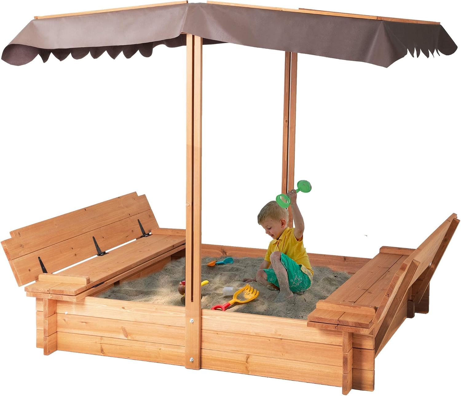 BIRASIL Wood Sandbox with Cover, Sand Box with 2 Bench Seats for Aged 3-8 Years Old, Sand Box for Backyard Garden, Beach Patio Outdoor (Natural Wood, 48 Inch)