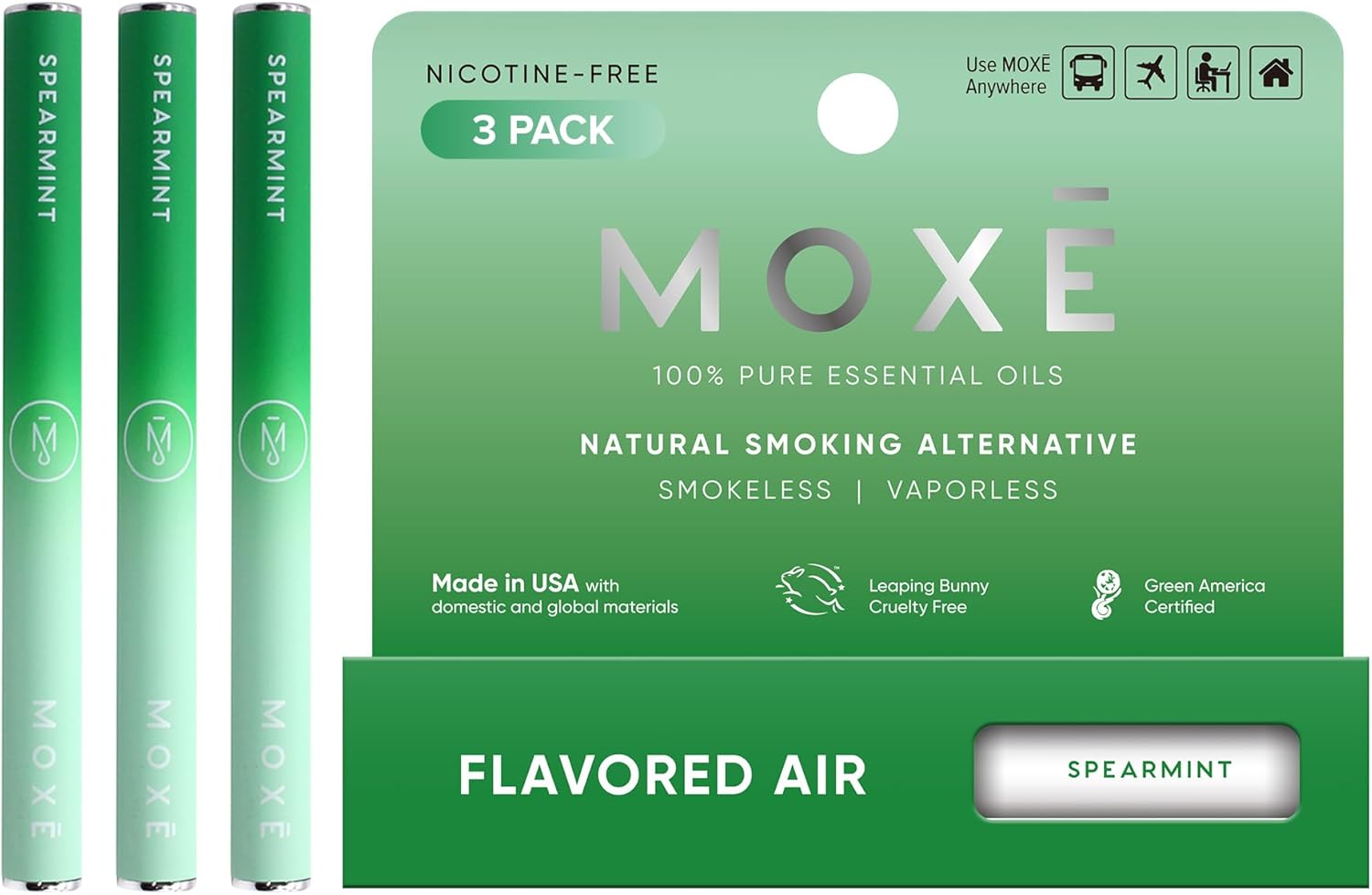 MOXE Natural Spearmint Air Inhaler | Non Electric Long-Lasting Flavored Air Refreshing Support | Oral Fixation Spearmint & Menthol Essential Oils, Craving Relief - 3 Pack