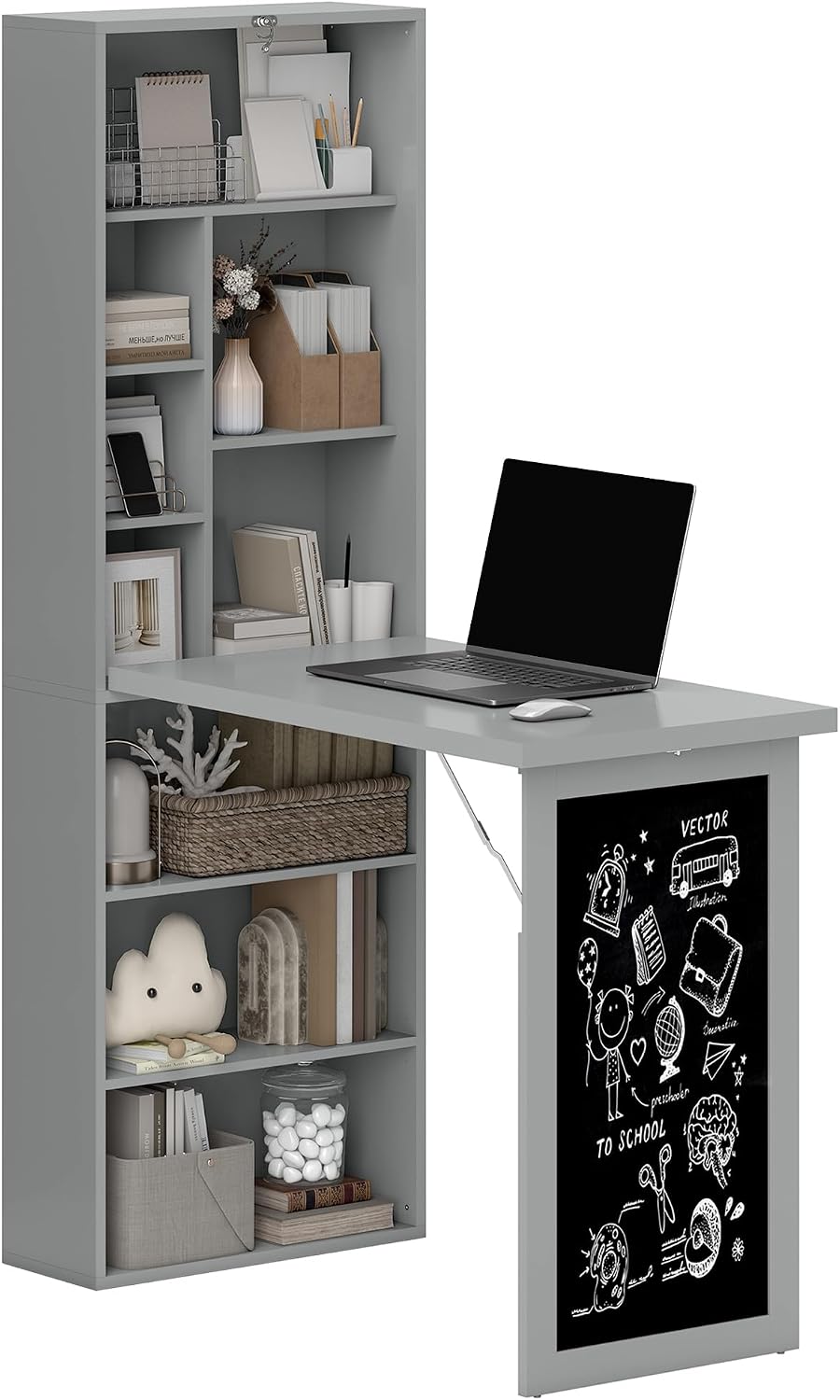 HOMCOM Wall Mounted Computer Desk, Folding Study Table with Black Board and Bookshelf, Multifunctional Floating Writing Desk for Home Office, Grey