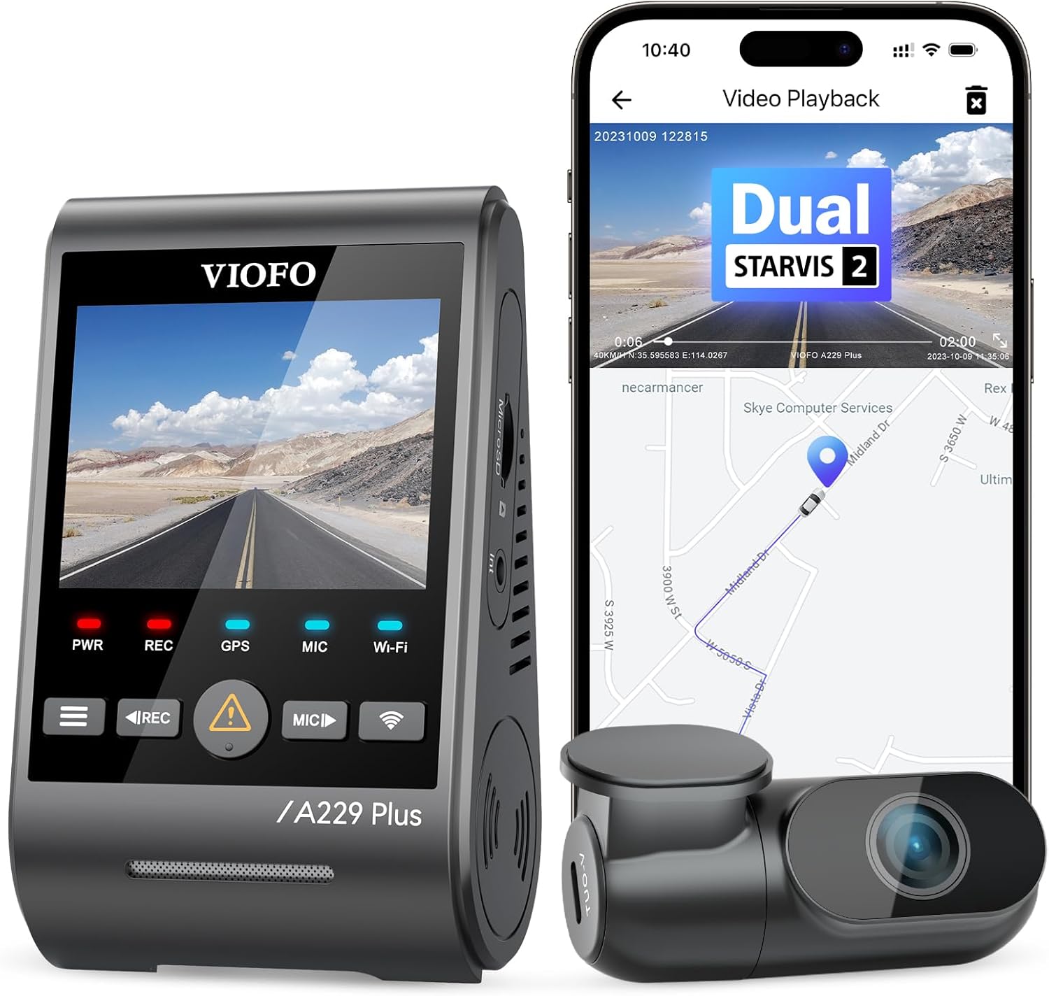 VIOFO A229 Plus 2K + 2K Dual STARVIS 2, HDR Front Rear Dash Cam Car, Voice Control & 5GHz Wi-Fi Car Camera, Ultra-Precise GPS, Super Night Vision 2.0, 2.4" Large LCD, Voice Notification, 512 GB Max