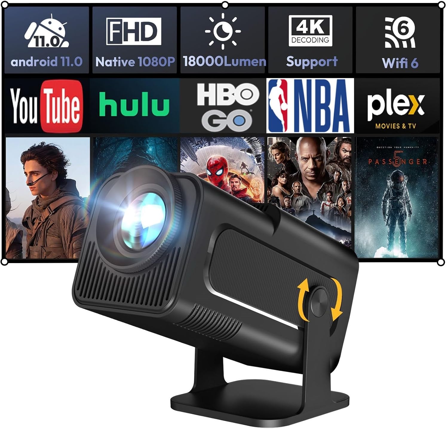 Smart Mini Projector XGODY Gimbal5 Android 11 Full HD Projector 18000 Lumen Native 1080P 4K Support 5G WiFi 6 Bluetooth 5.0 Home Movie Projector Short Throw Auto Keystone 180 Rotating Dull Black