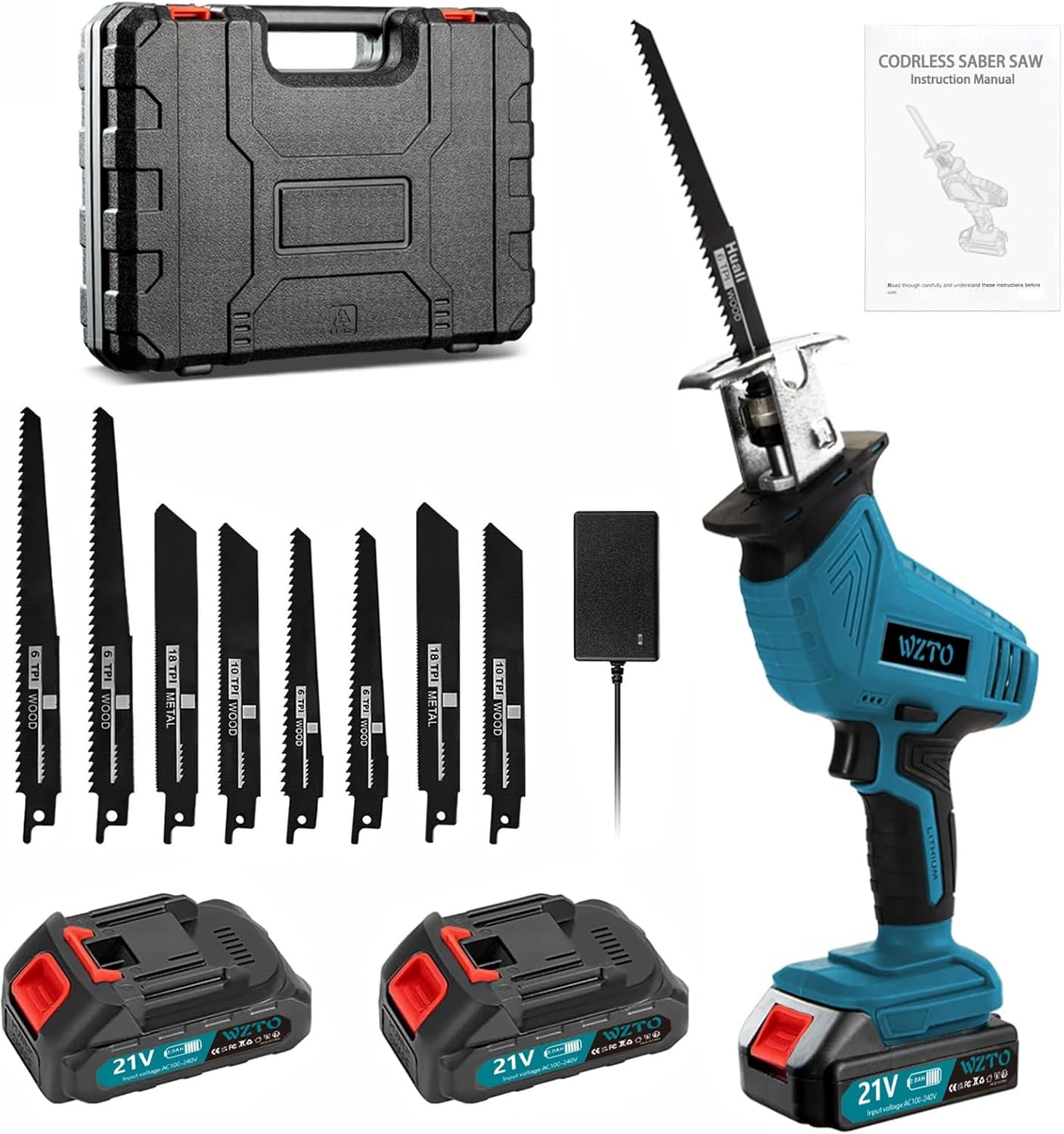 Blue Reciprocating Saw, 0-4000 RPM Variable Speed Electric, Cordless Reciprocating Saws, 21V Cordless Electric Saw to Cut Metal, for PVC Cutting with 2 Batteries, 8 Saws Blades