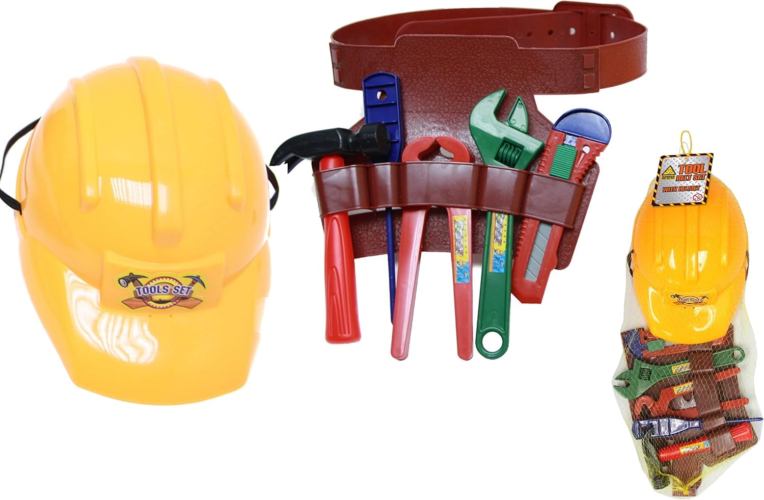 KandyToys Kids Play Pretend Dress Up Construction Helmet with Tool Belt and Toy Toolkit | Kids Toys | Builder Fancy Dress