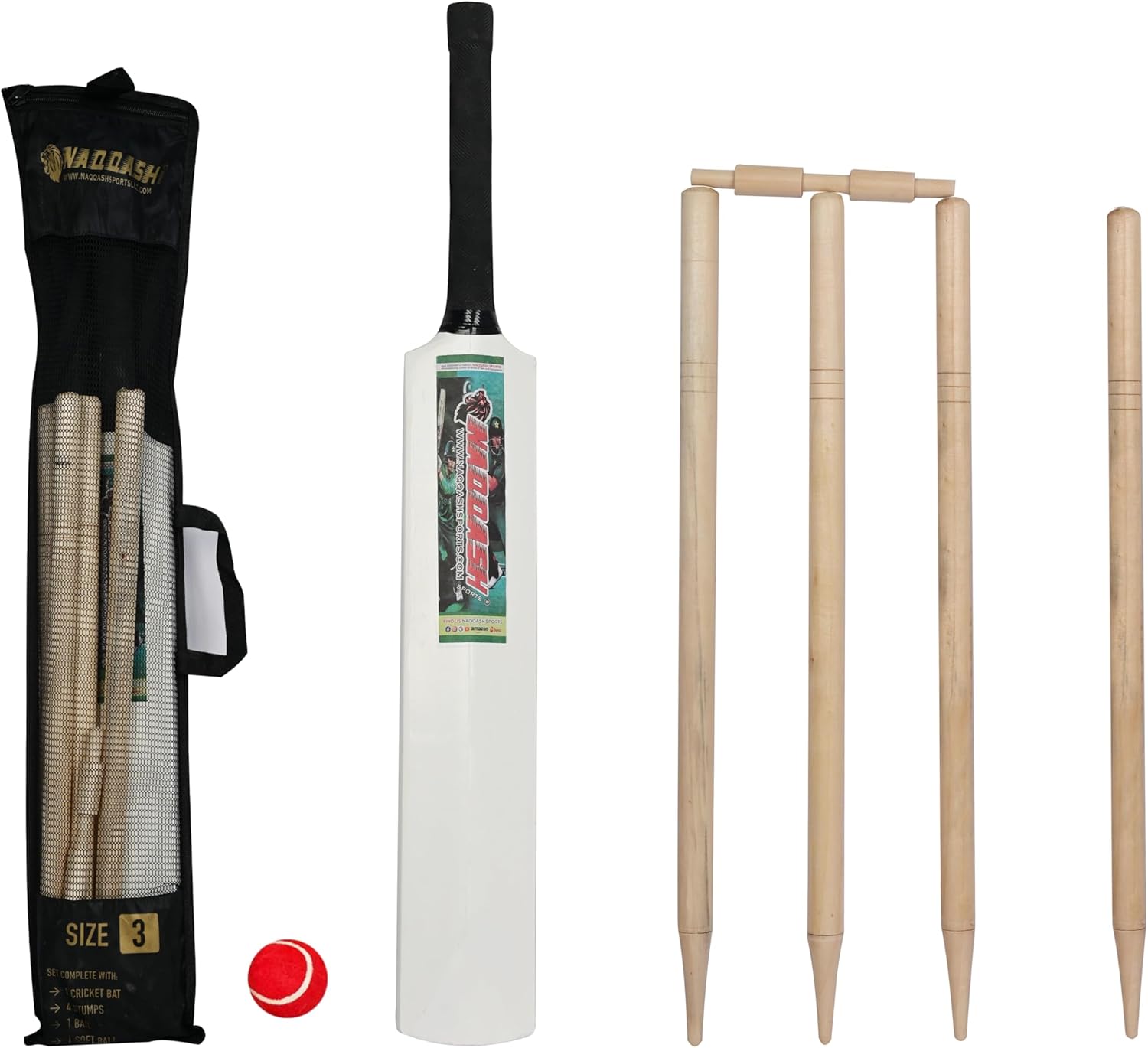 Junior Wooden Cricket Bat Set - Sizes 5 & 6 - Includes 4 Wooden Stumps, Red Tennis Ball, Willow Bat, and Carrying Bag – Ideal for Kids and Teenagers – Indoor & Outdoor Fun