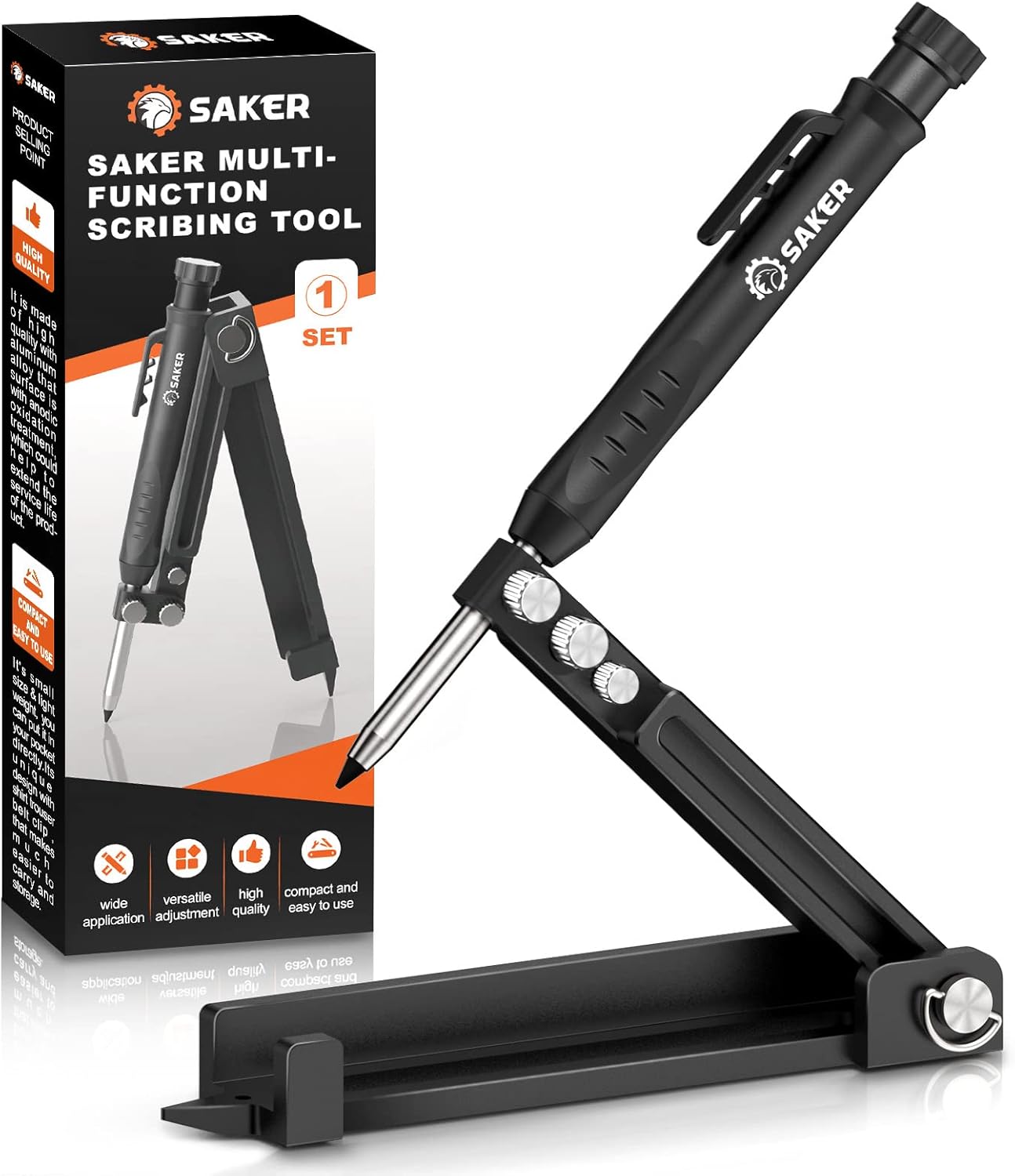 Saker Multi-function Scribing Tool- Construction Pencil- Aluminum Alloy Scribe Tool with Deep Hole Pencil,DIY Woodworking Scribe Gauge Scriber Line Maker Measuring Tool,Gifts For Men(5.5Inch BLACK)