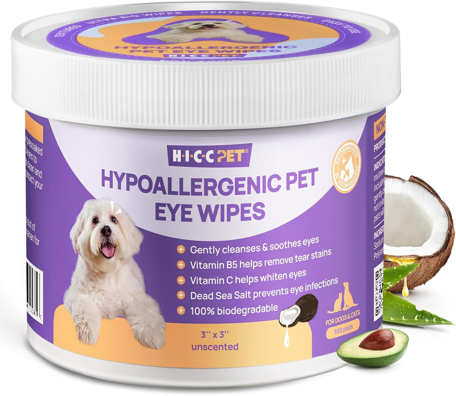 HICC PET Eyes Wipes for Dogs & Cats, Gently Remove Tear Stain, Debris, Discharge, Crust, Pet Cleaning Grooming Deodorizing Wipes Wash Cleaner for Eyes, Wrinkle, Face (100counts, Unscented)