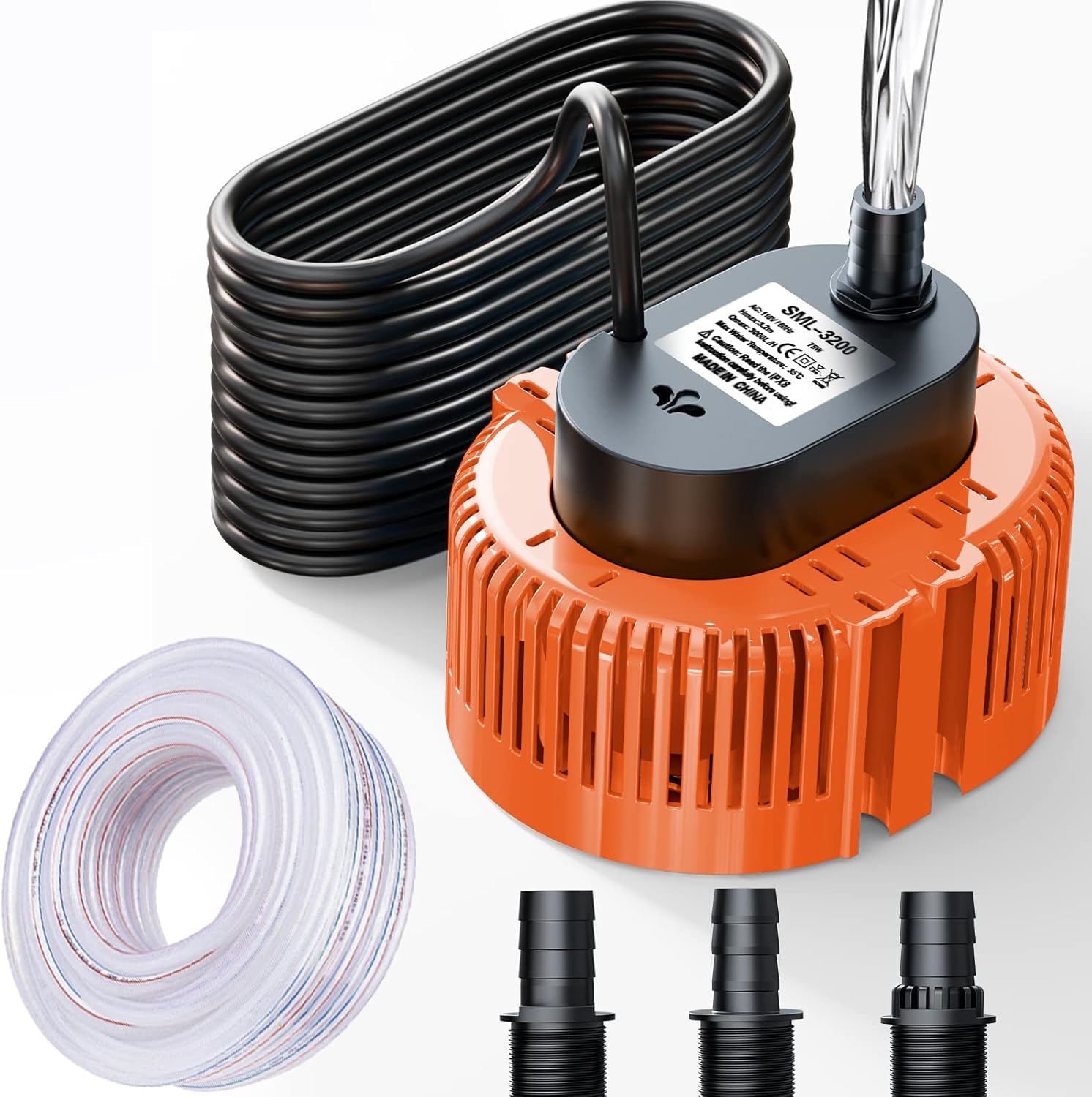 Lnicez 3000L/H Submersible Water Pump, Powerful Portable Water Pump(75W) with 5m Drainage Hose & 7.5m Upgraded Power Cord for Swimming Pools, Fish Tank, Pond,3 Nozzles (Orange)