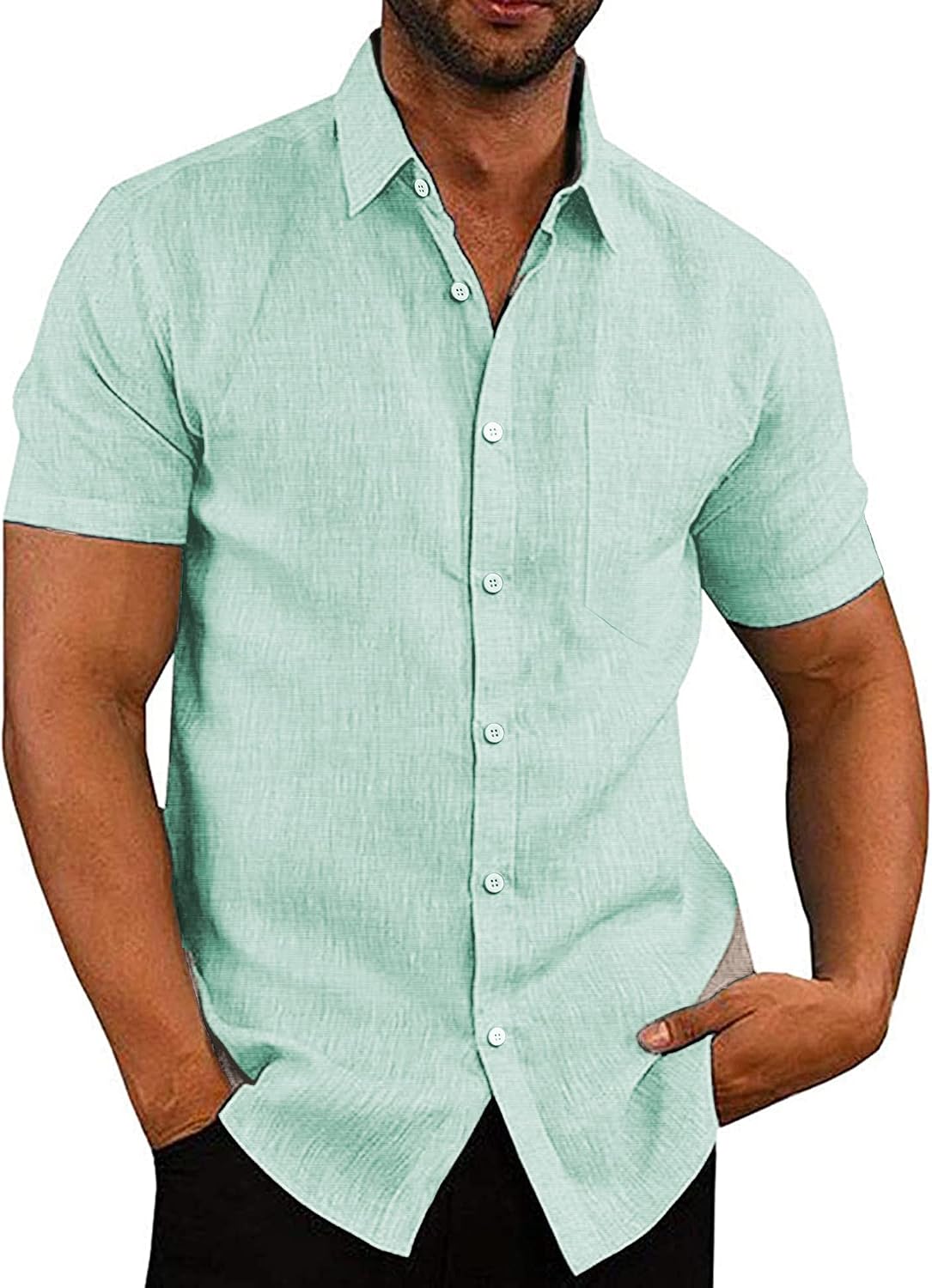 COOFANDY Men's Casual Button Down Shirts Short Sleeve Linen Shirts Summer Beach Dress Shirt